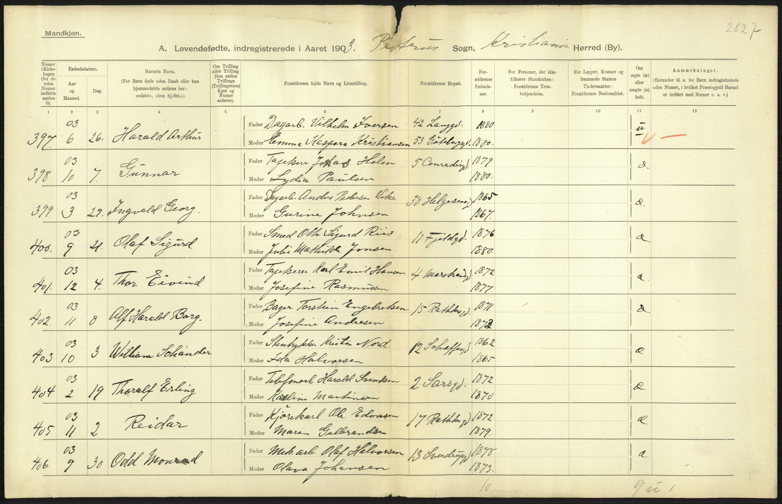 Statistisk sentralbyrå, Sosiodemografiske emner, Befolkning, AV/RA-S-2228/D/Df/Dfa/Dfaa/L0003: Kristiania: Fødte, 1903, p. 3