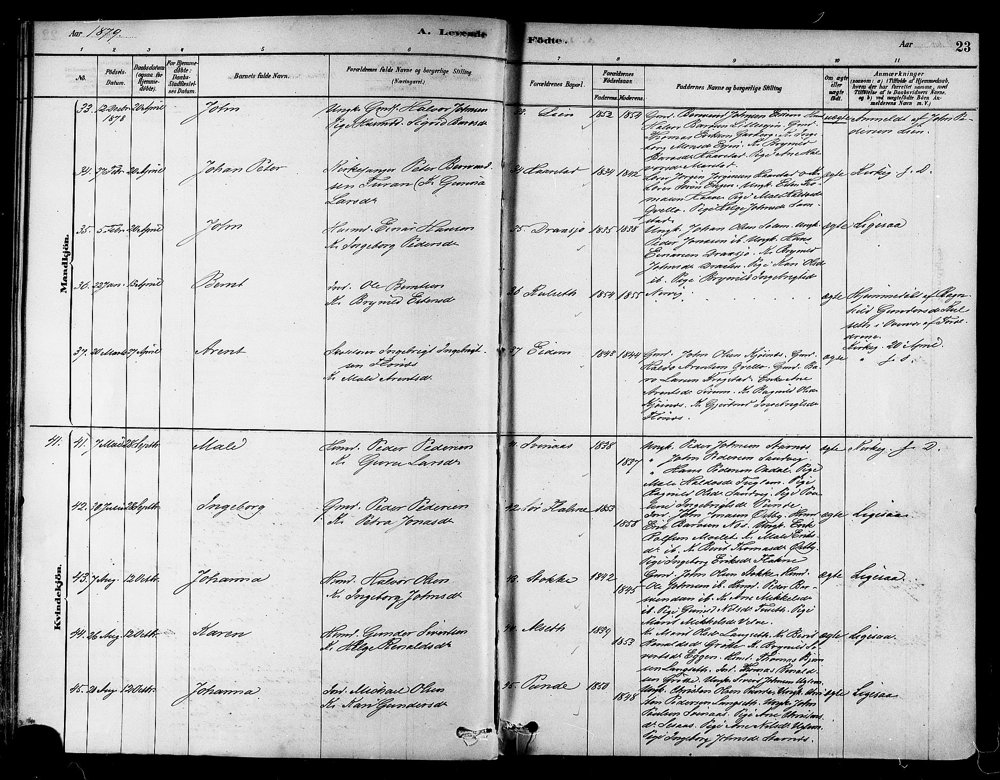 Ministerialprotokoller, klokkerbøker og fødselsregistre - Sør-Trøndelag, AV/SAT-A-1456/695/L1148: Parish register (official) no. 695A08, 1878-1891, p. 23