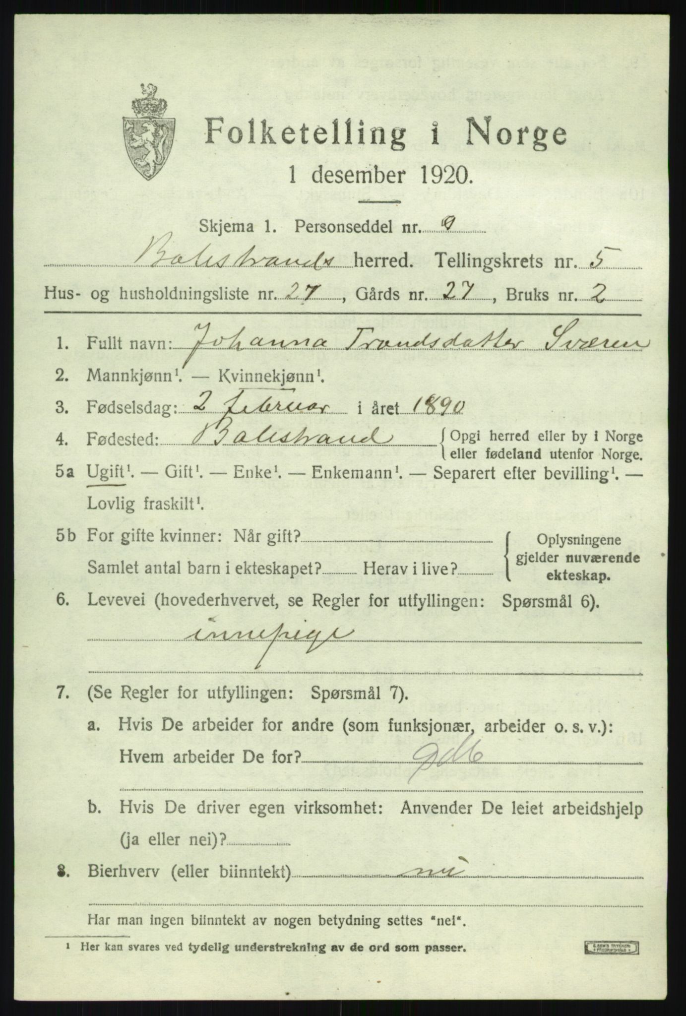 SAB, 1920 census for Balestrand, 1920, p. 2850