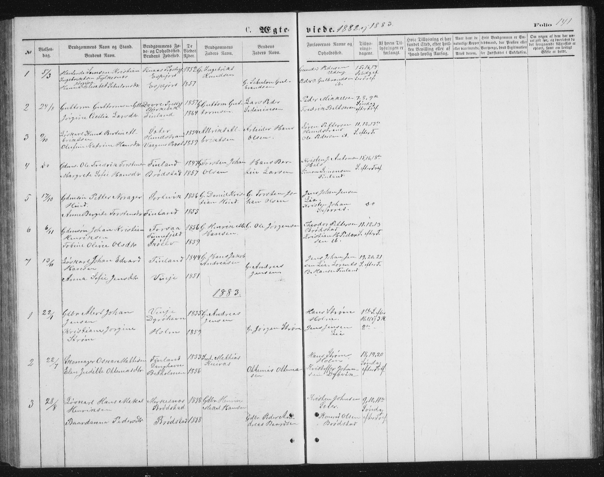 Tranøy sokneprestkontor, SATØ/S-1313/I/Ia/Iab/L0013klokker: Parish register (copy) no. 13, 1874-1896, p. 141