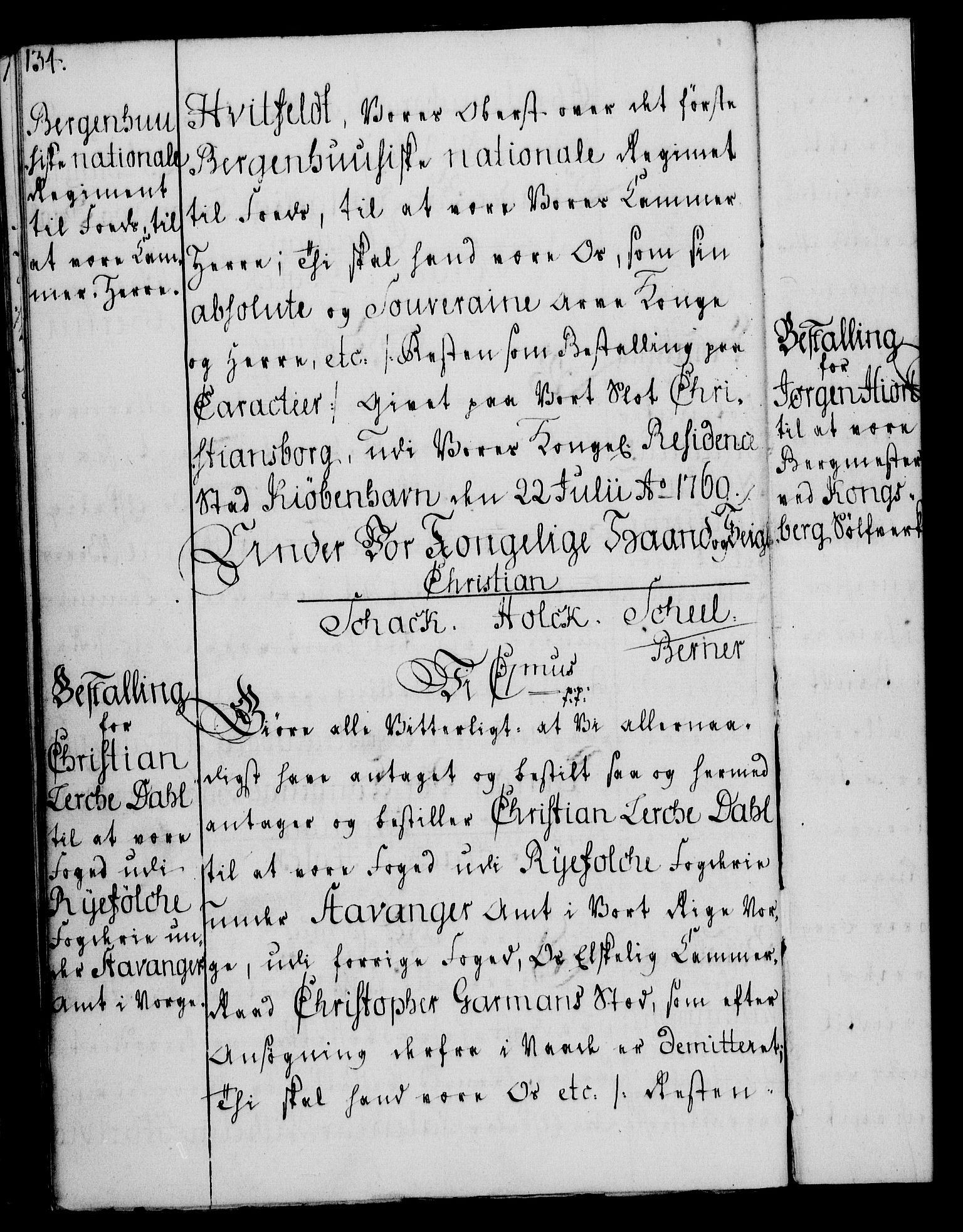 Rentekammeret, Kammerkanselliet, RA/EA-3111/G/Gg/Gge/L0004: Norsk bestallingsprotokoll med register (merket RK 53.28), 1762-1771, p. 134