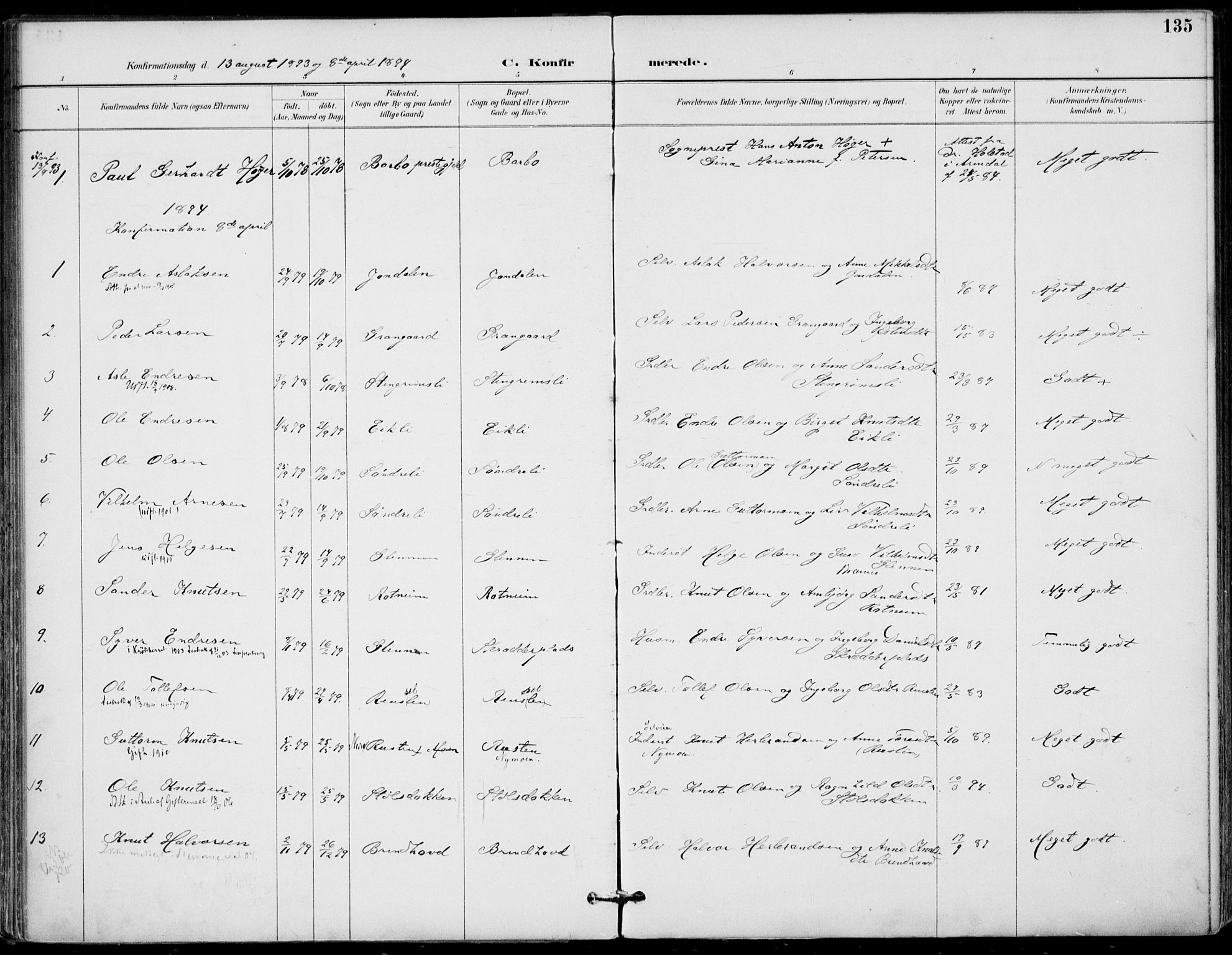 Gol kirkebøker, AV/SAKO-A-226/F/Fa/L0005: Parish register (official) no. I 5, 1887-1900, p. 135