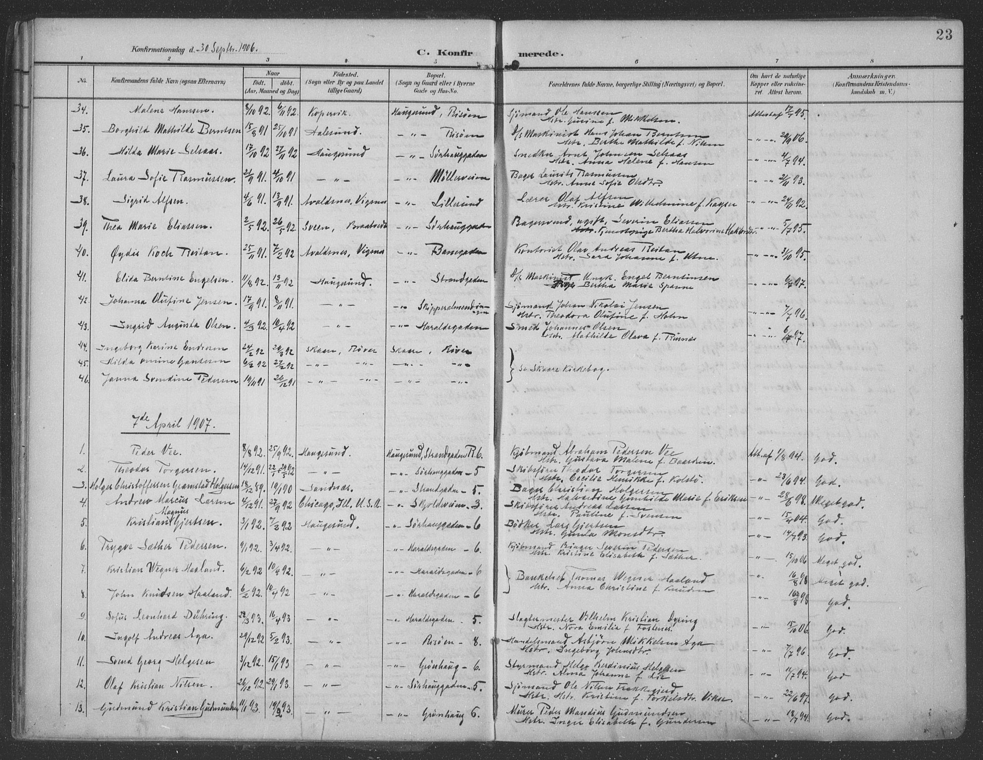 Haugesund sokneprestkontor, AV/SAST-A -101863/H/Ha/Haa/L0007: Parish register (official) no. A 7, 1904-1916, p. 23