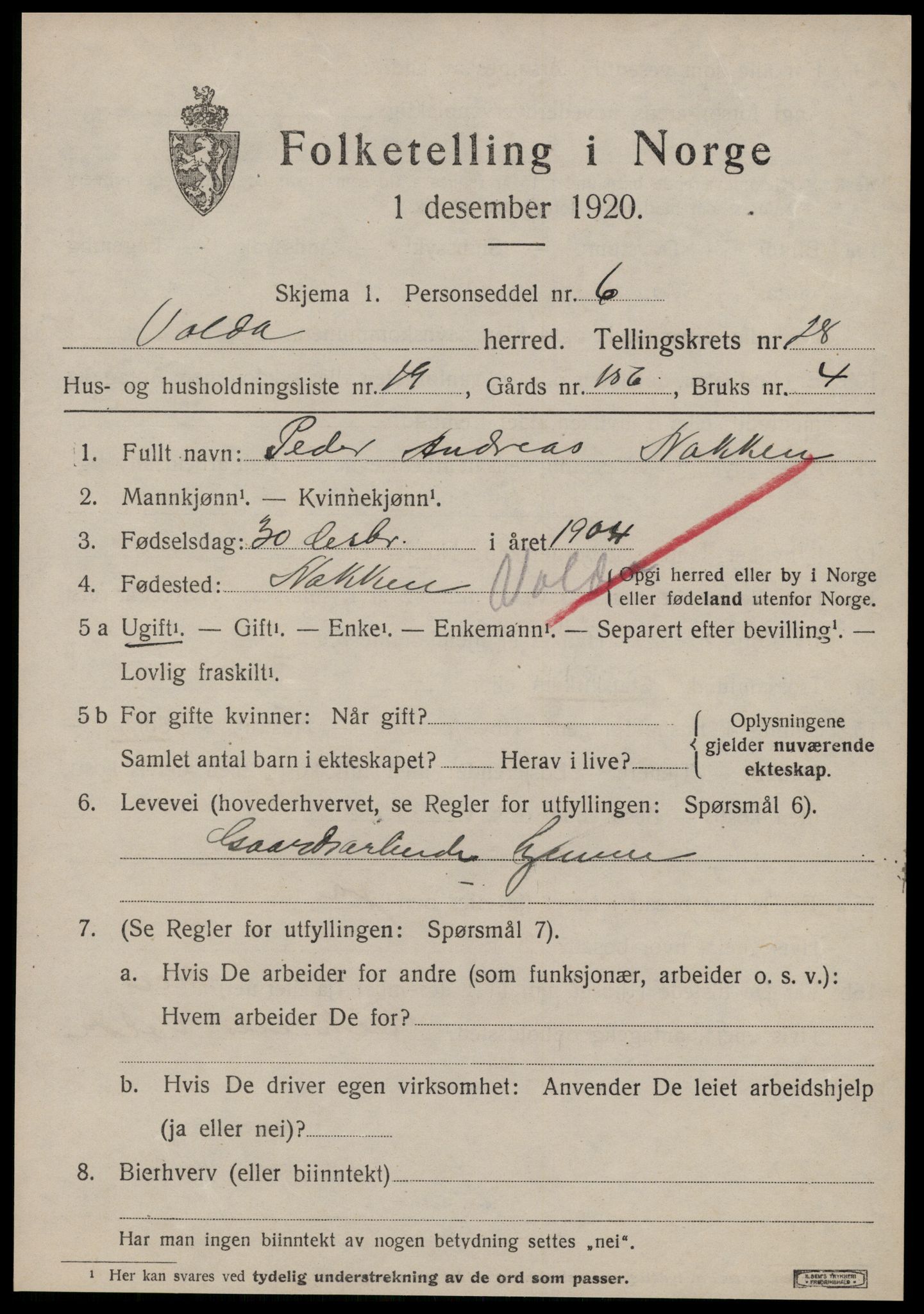 SAT, 1920 census for Volda, 1920, p. 13150