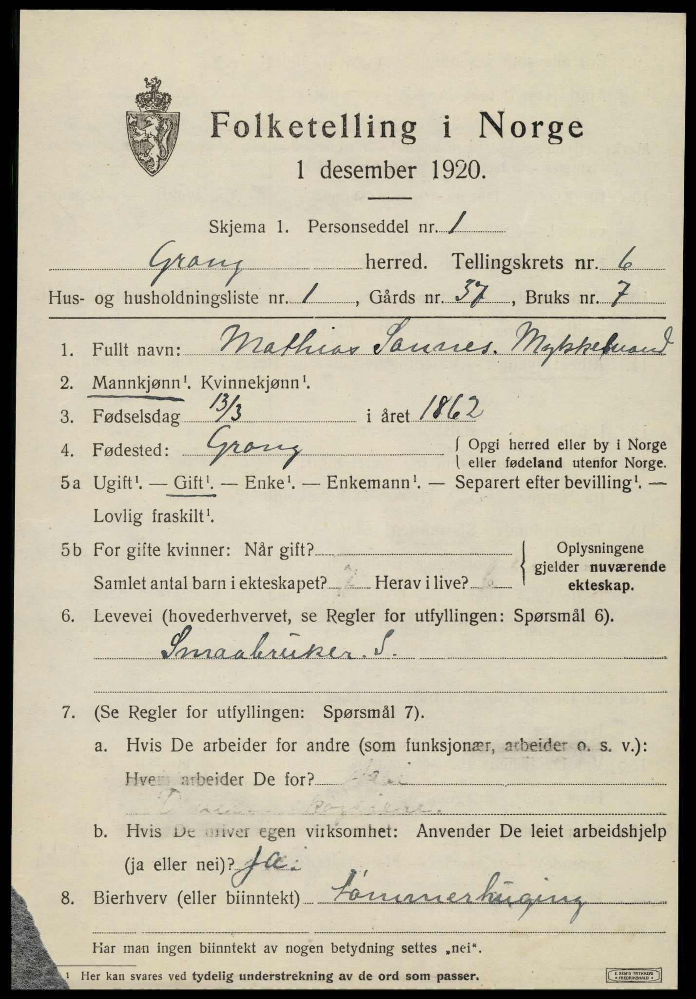 SAT, 1920 census for Grong, 1920, p. 3549