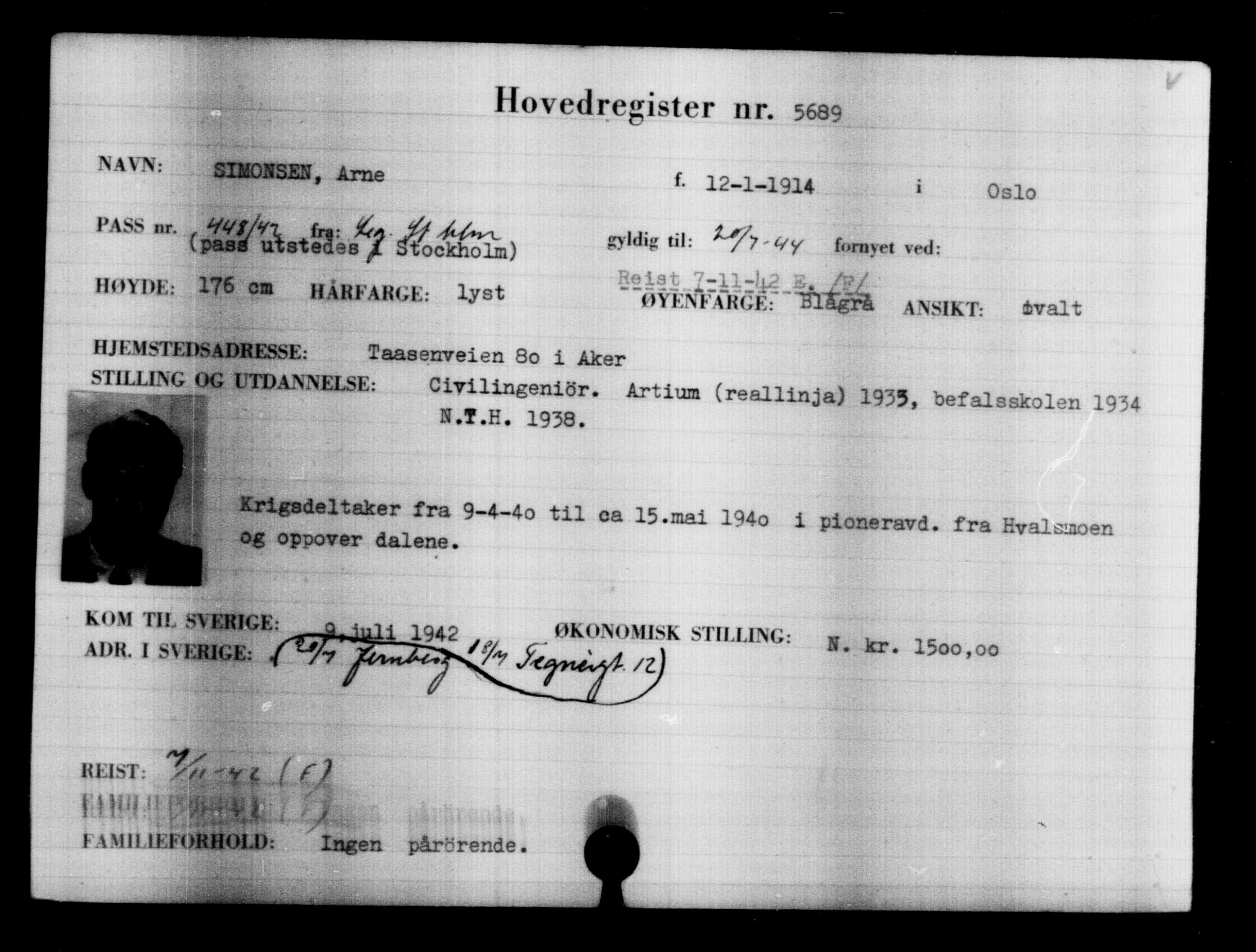 Utenriksstasjonene, Legasjonen i Stockholm, Flyktningkontoret, AV/RA-S-6753/V/Va/L0004: Kjesäterkartoteket, flyktninger med registreringsnr. 3496-6610, 1940-1945, p. 2542