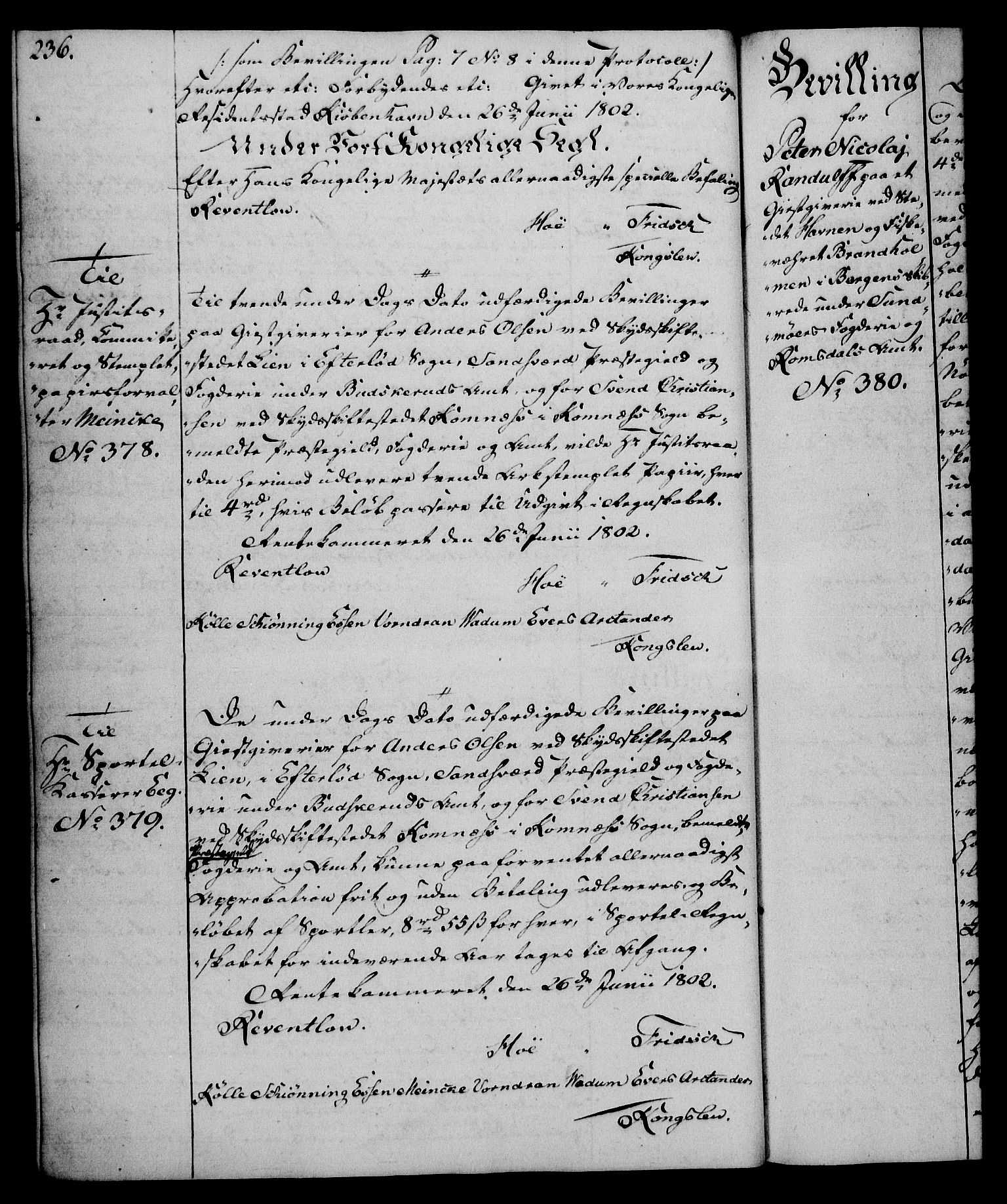 Rentekammeret, Kammerkanselliet, RA/EA-3111/G/Gg/Gga/L0017: Norsk ekspedisjonsprotokoll med register (merket RK 53.17), 1801-1803, p. 236
