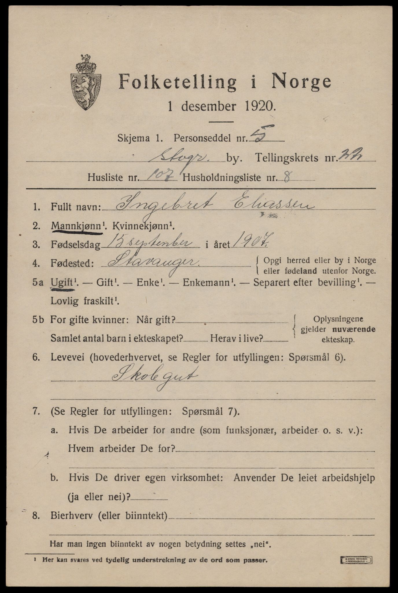 SAST, 1920 census for Stavanger, 1920, p. 75204