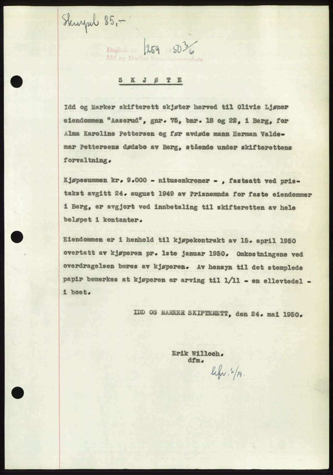 Idd og Marker sorenskriveri, AV/SAO-A-10283/G/Gb/Gbb/L0014: Mortgage book no. A14, 1950-1950, Diary no: : 1259/1950