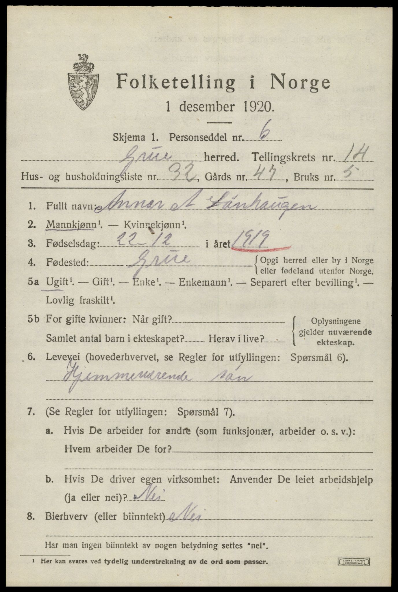 SAH, 1920 census for Grue, 1920, p. 13265