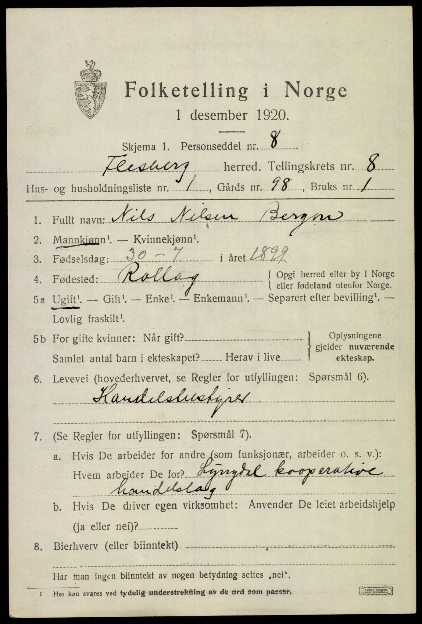 SAKO, 1920 census for Flesberg, 1920, p. 3065