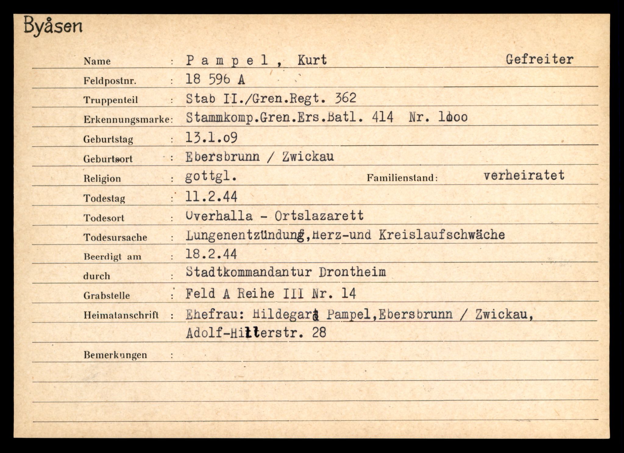 Distriktskontoret for krigsgraver, AV/SAT-A-5030/E/L0004: Kasett/kartotek over tysk Krigskirkegård på Byåsen, 1945, p. 1275