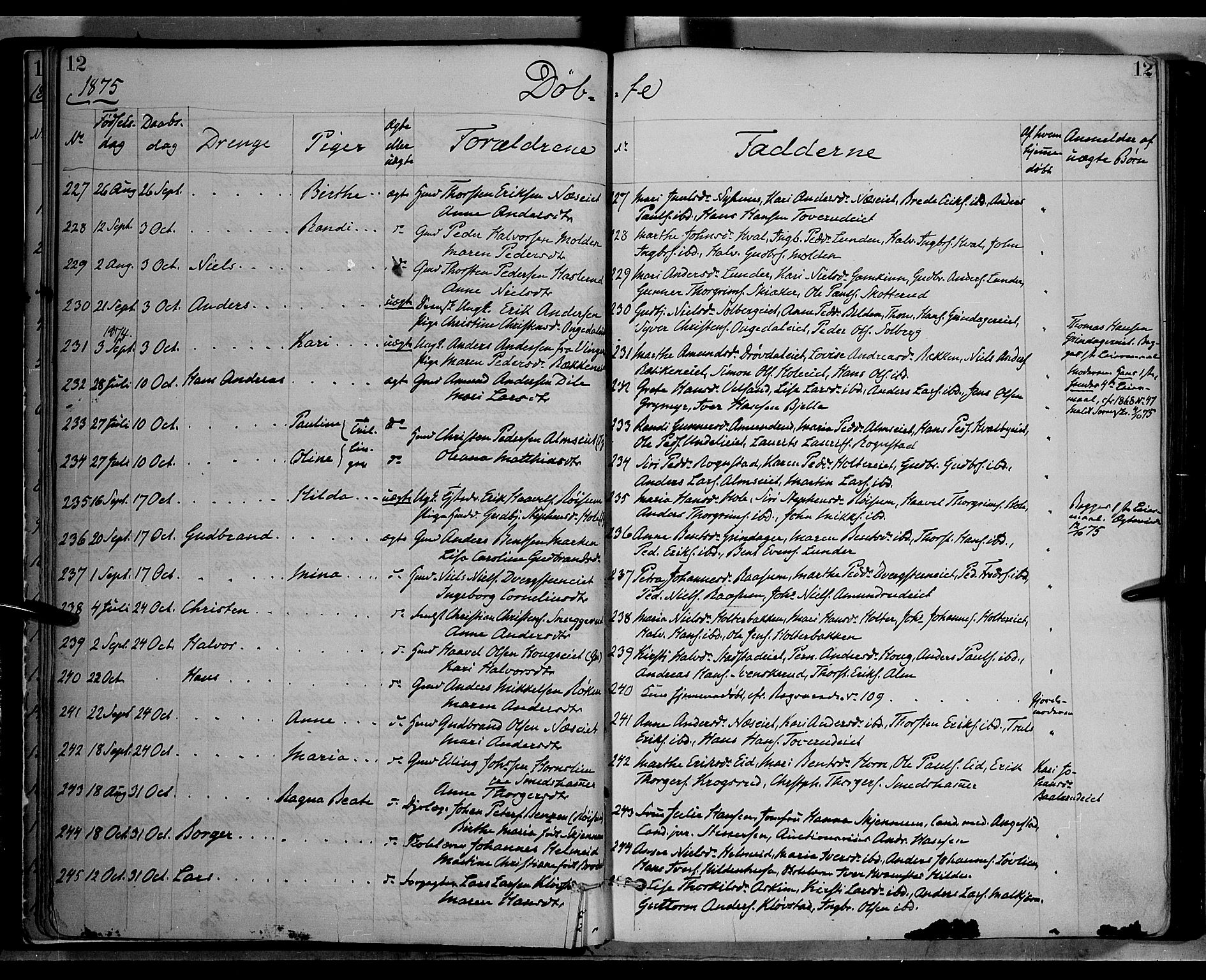 Gran prestekontor, AV/SAH-PREST-112/H/Ha/Haa/L0013: Parish register (official) no. 13, 1875-1879, p. 12