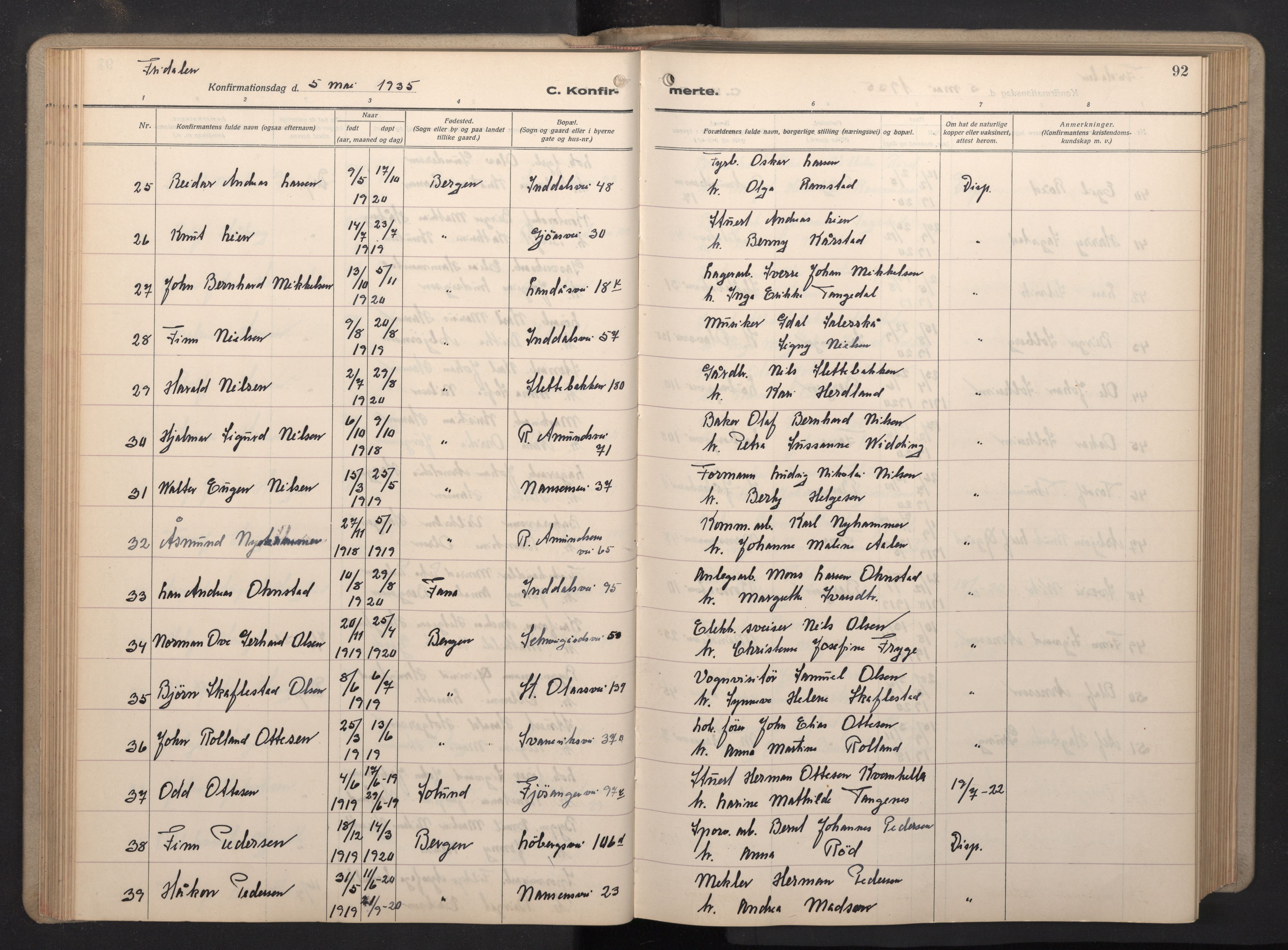 Årstad Sokneprestembete, AV/SAB-A-79301/H/Hab/L0015: Parish register (copy) no. B 5, 1932-1945, p. 91b-92a