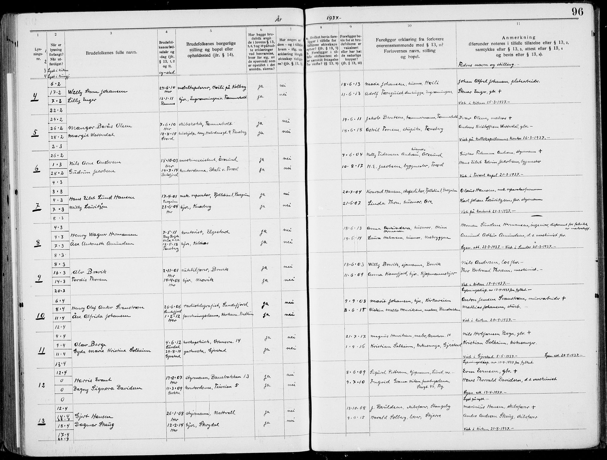 Nøtterøy kirkebøker, SAKO/A-354/H/Ha/L0001: Banns register no. 1, 1919-1937, p. 96