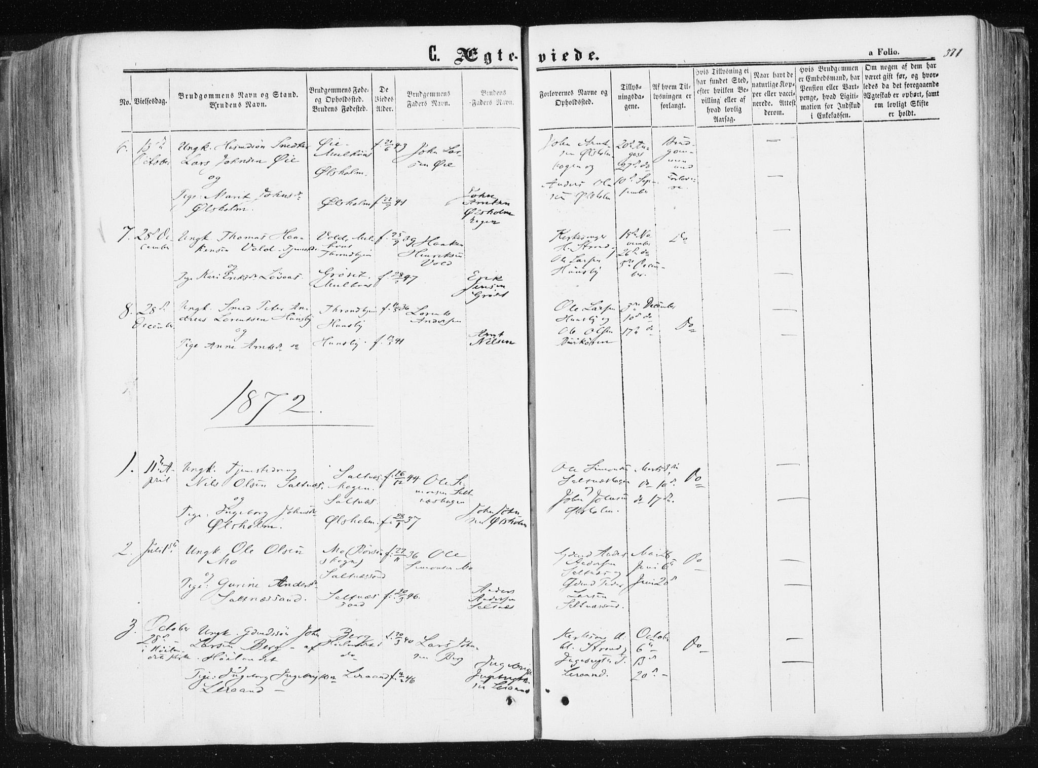 Ministerialprotokoller, klokkerbøker og fødselsregistre - Sør-Trøndelag, AV/SAT-A-1456/612/L0377: Parish register (official) no. 612A09, 1859-1877, p. 371