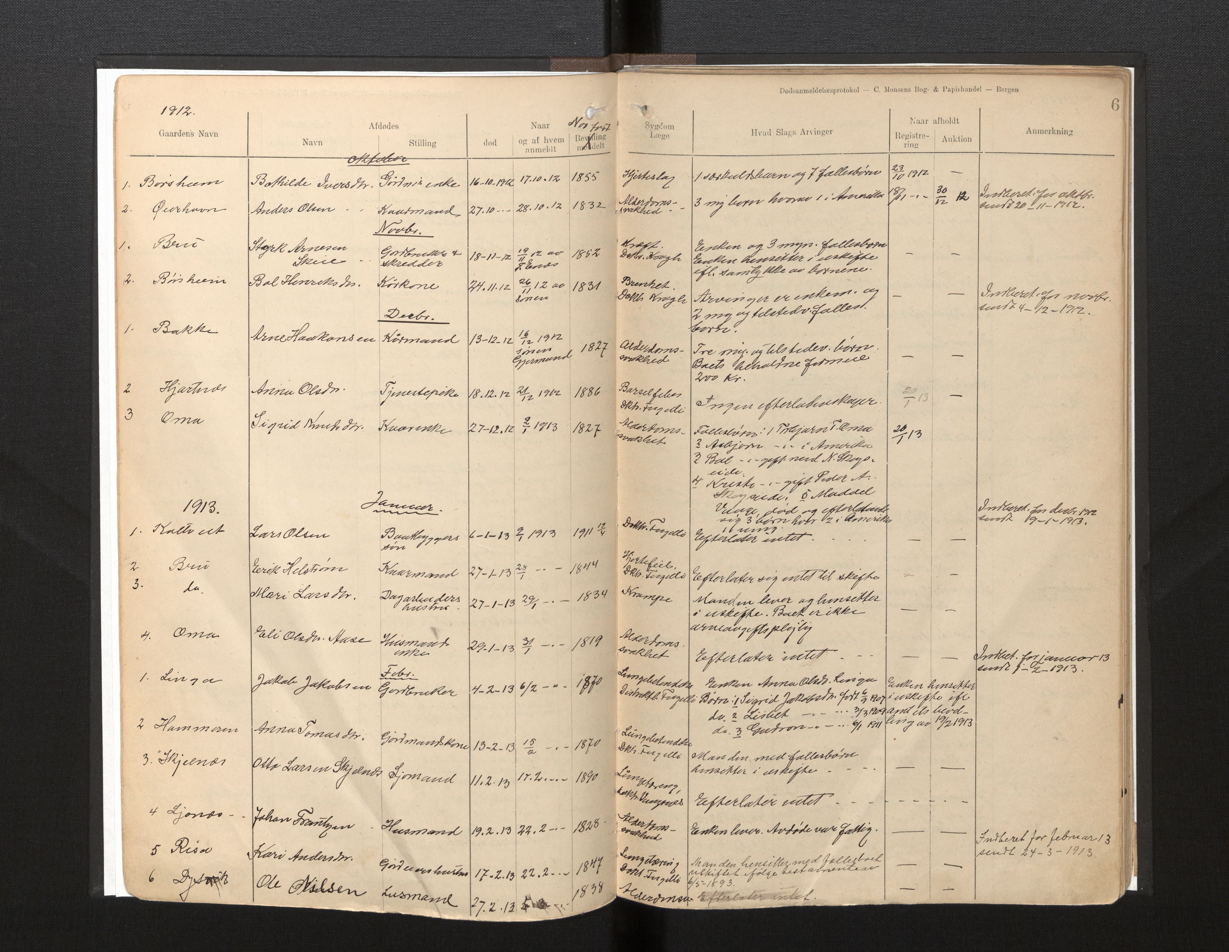 Lensmannen i Strandebarm, AV/SAB-A-35101/0006/L0002: Dødsfallprotokoll, 1911-1931, p. 6