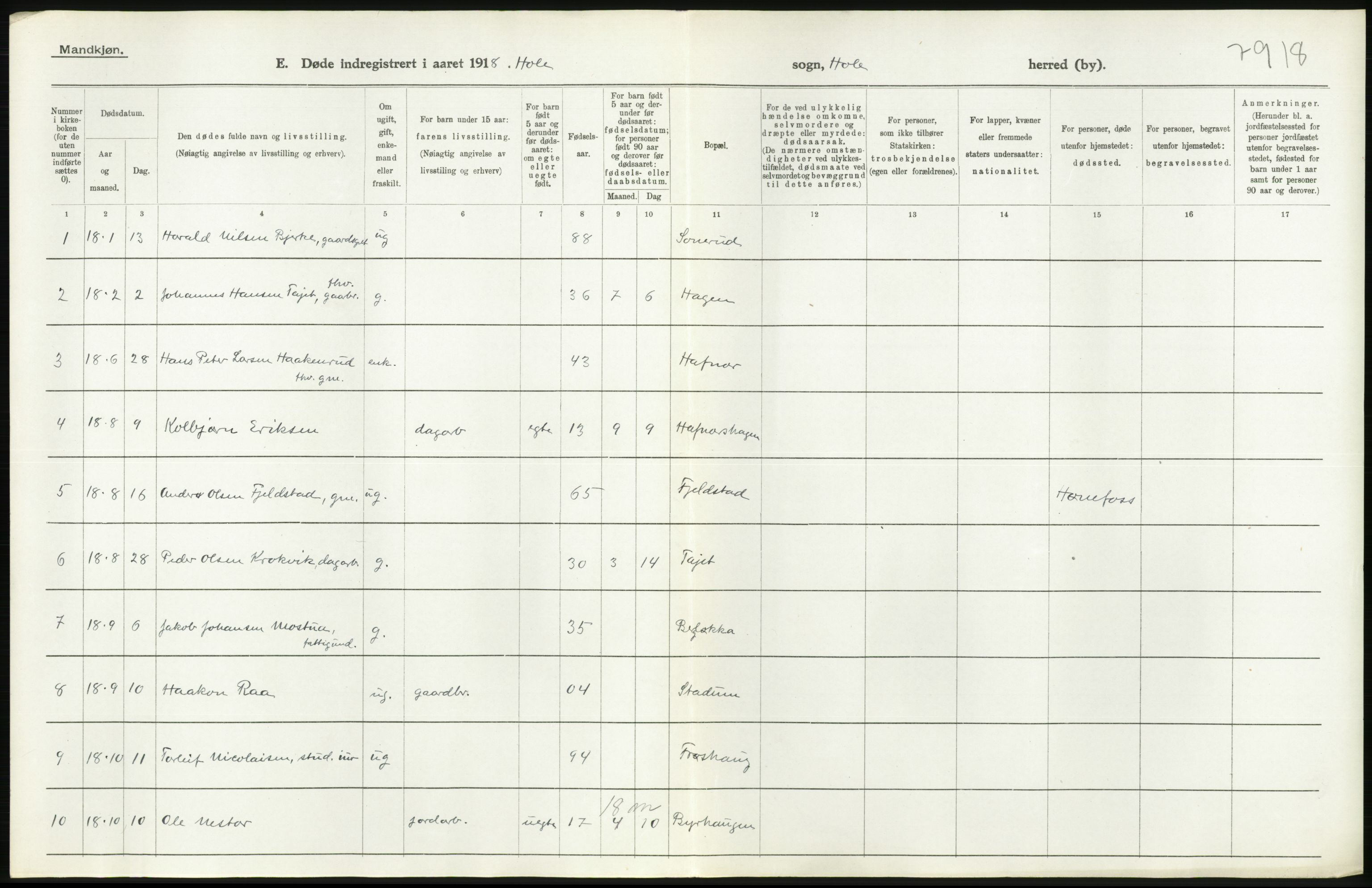 Statistisk sentralbyrå, Sosiodemografiske emner, Befolkning, AV/RA-S-2228/D/Df/Dfb/Dfbh/L0020: Buskerud fylke: Døde. Bygder og byer., 1918, p. 142