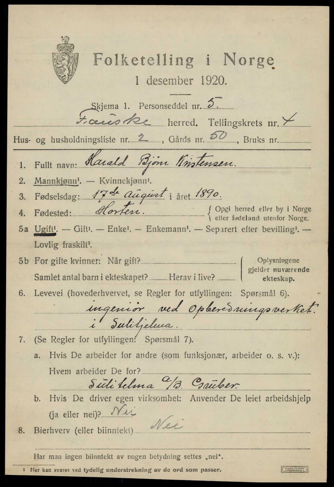 SAT, 1920 census for Fauske, 1920, p. 4172