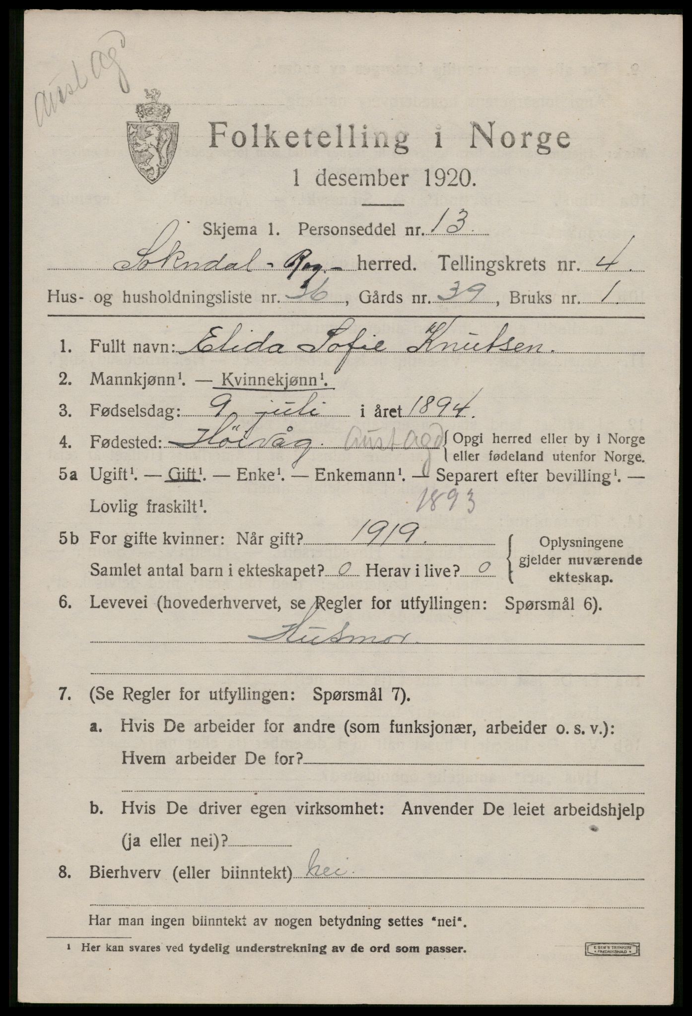 SAST, 1920 census for Sokndal, 1920, p. 3239