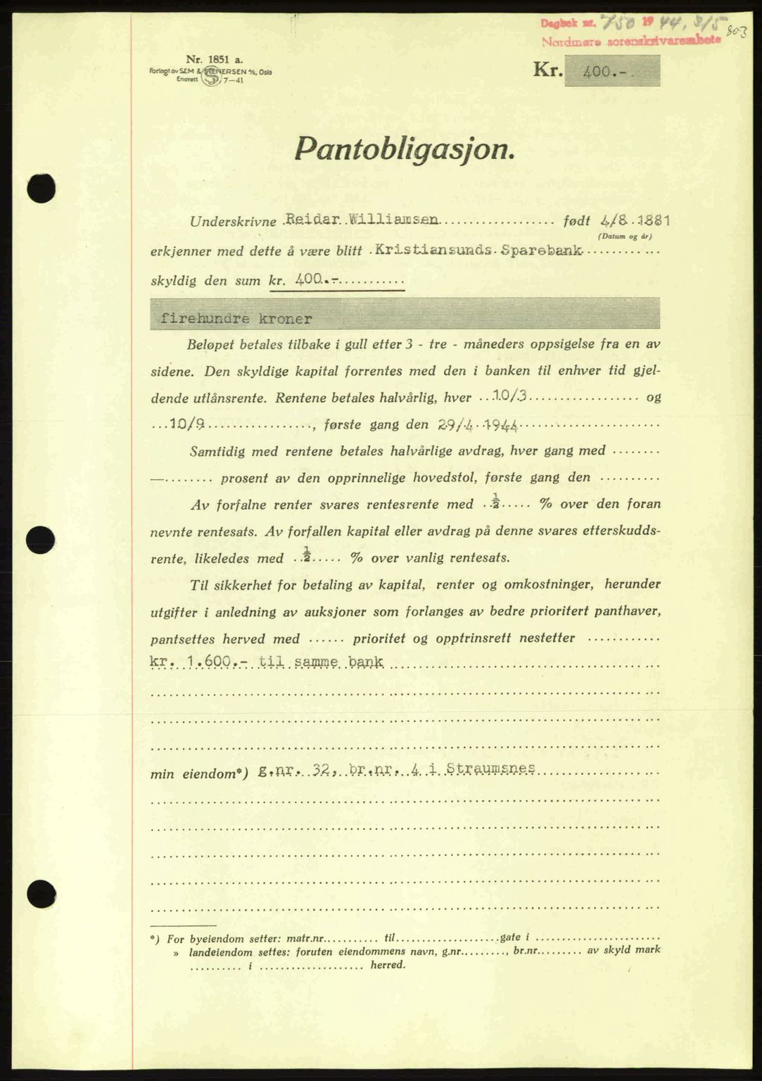 Nordmøre sorenskriveri, AV/SAT-A-4132/1/2/2Ca: Mortgage book no. B91, 1943-1944, Diary no: : 750/1944