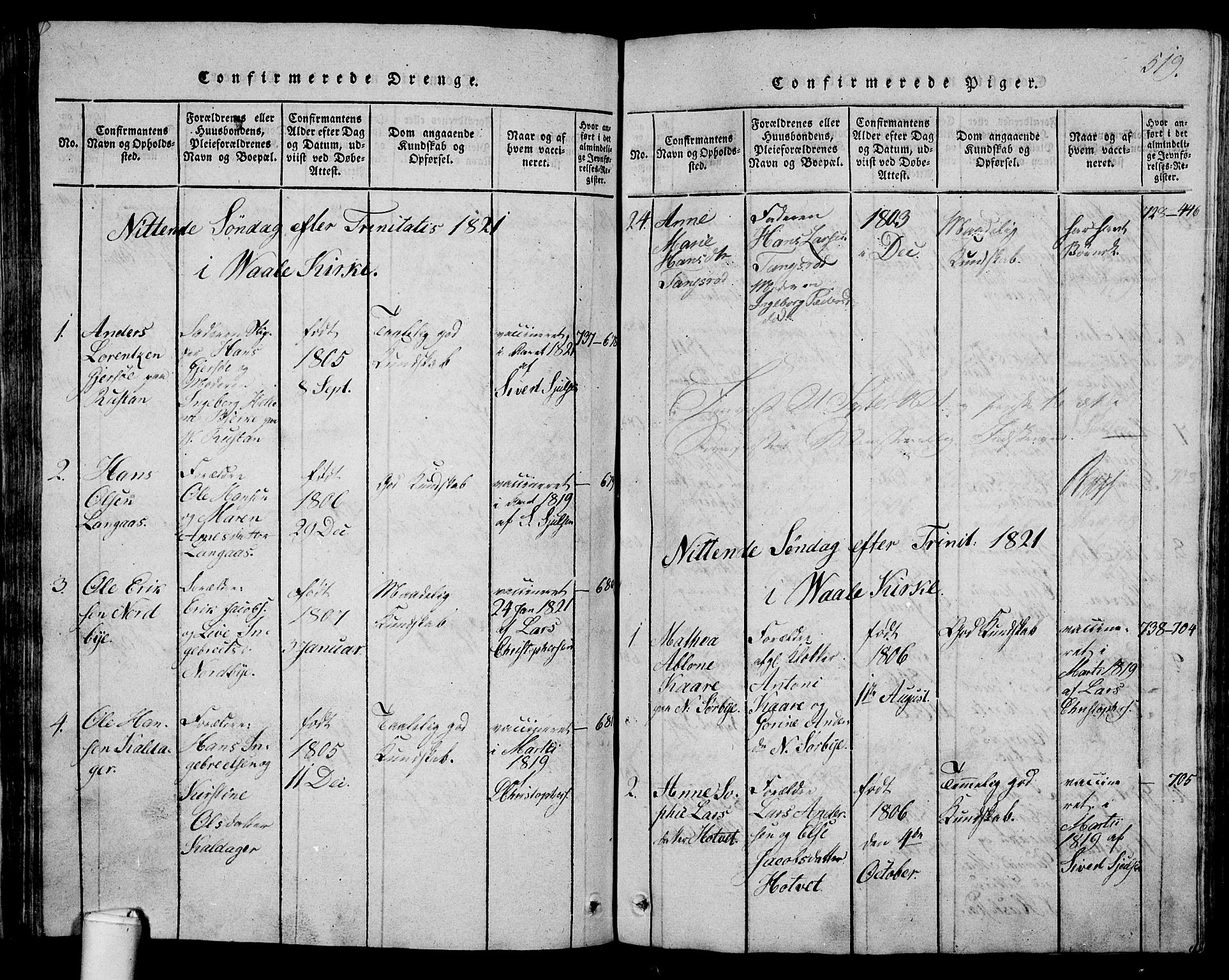 Våle kirkebøker, AV/SAKO-A-334/G/Ga/L0001: Parish register (copy) no. I 1, 1814-1824, p. 518-519