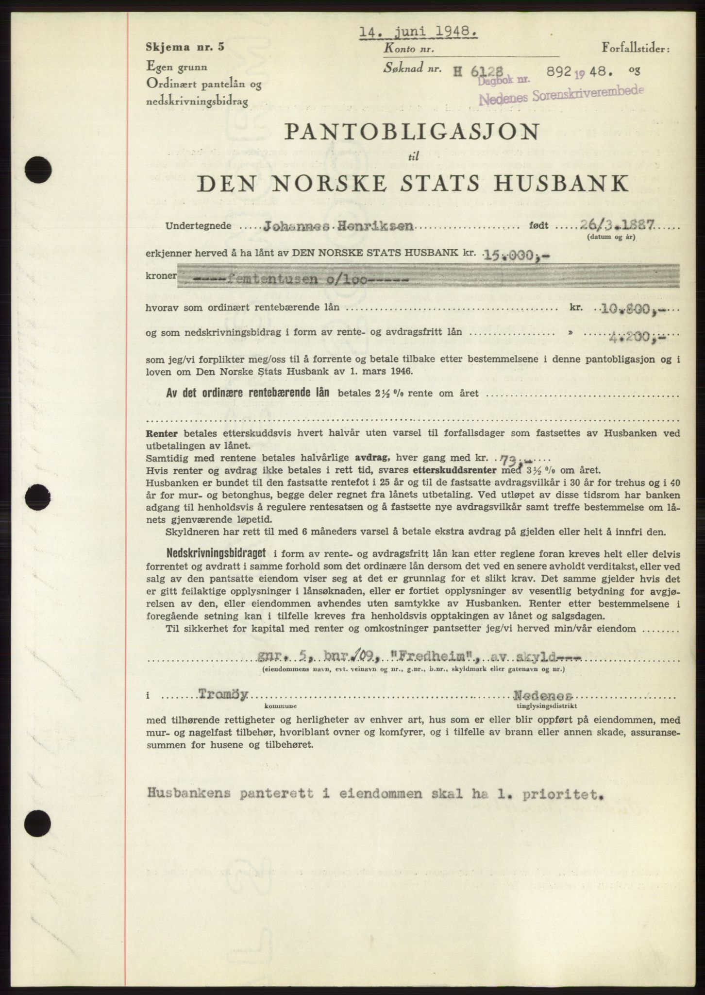 Nedenes sorenskriveri, AV/SAK-1221-0006/G/Gb/Gbb/L0005: Mortgage book no. B5, 1948-1948, Diary no: : 892/1948