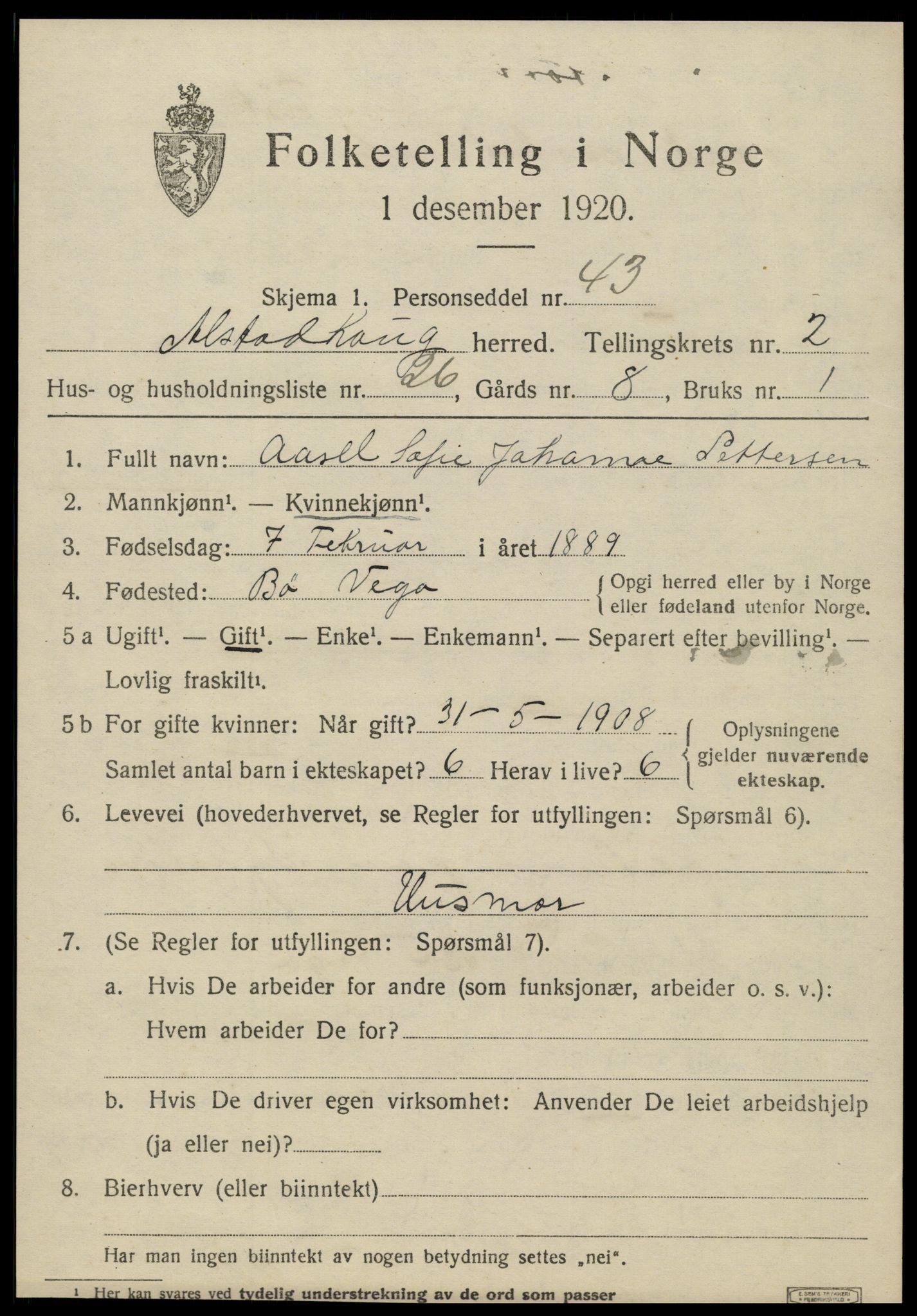 SAT, 1920 census for Alstahaug, 1920, p. 1231