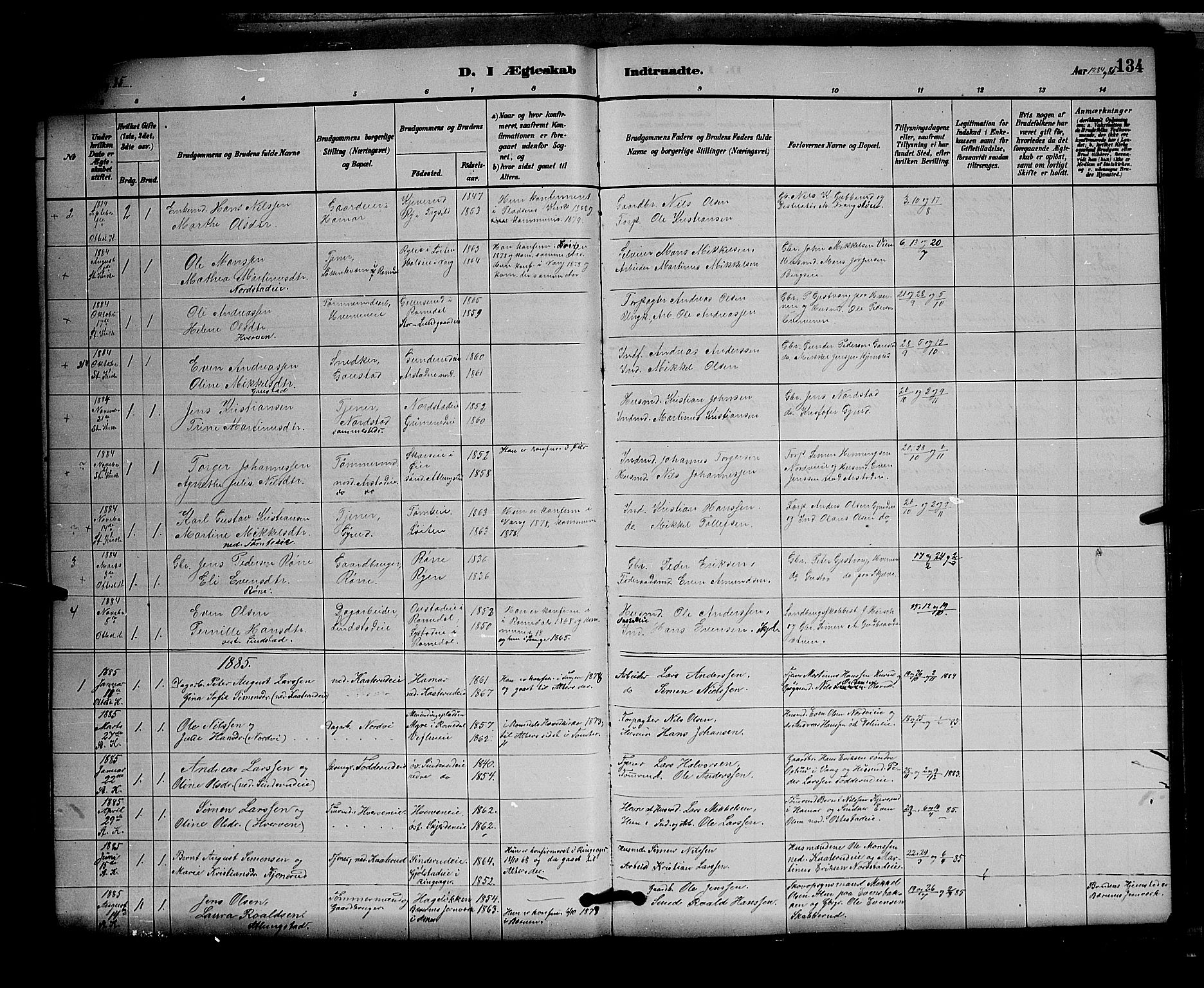 Stange prestekontor, AV/SAH-PREST-002/L/L0007: Parish register (copy) no. 7, 1880-1893, p. 134