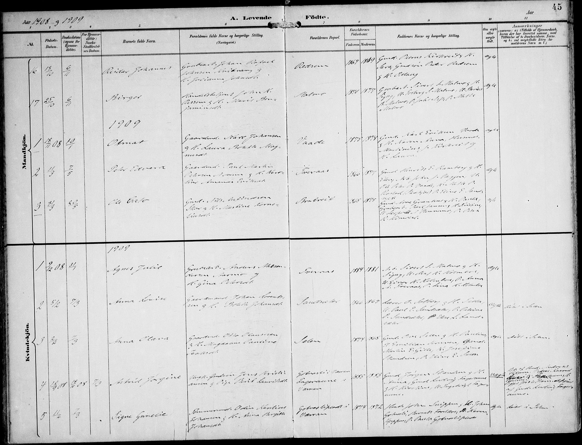 Ministerialprotokoller, klokkerbøker og fødselsregistre - Nord-Trøndelag, SAT/A-1458/745/L0430: Parish register (official) no. 745A02, 1895-1913, p. 45