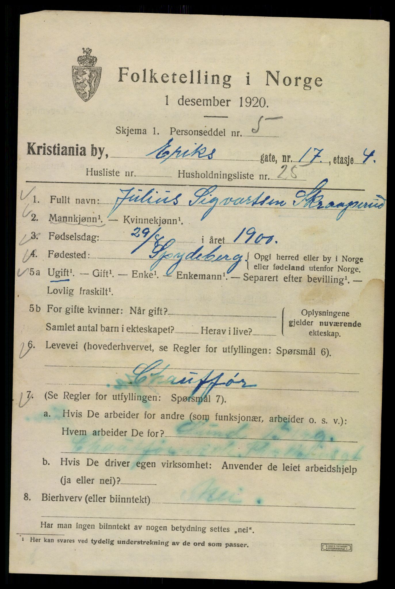 SAO, 1920 census for Kristiania, 1920, p. 221601