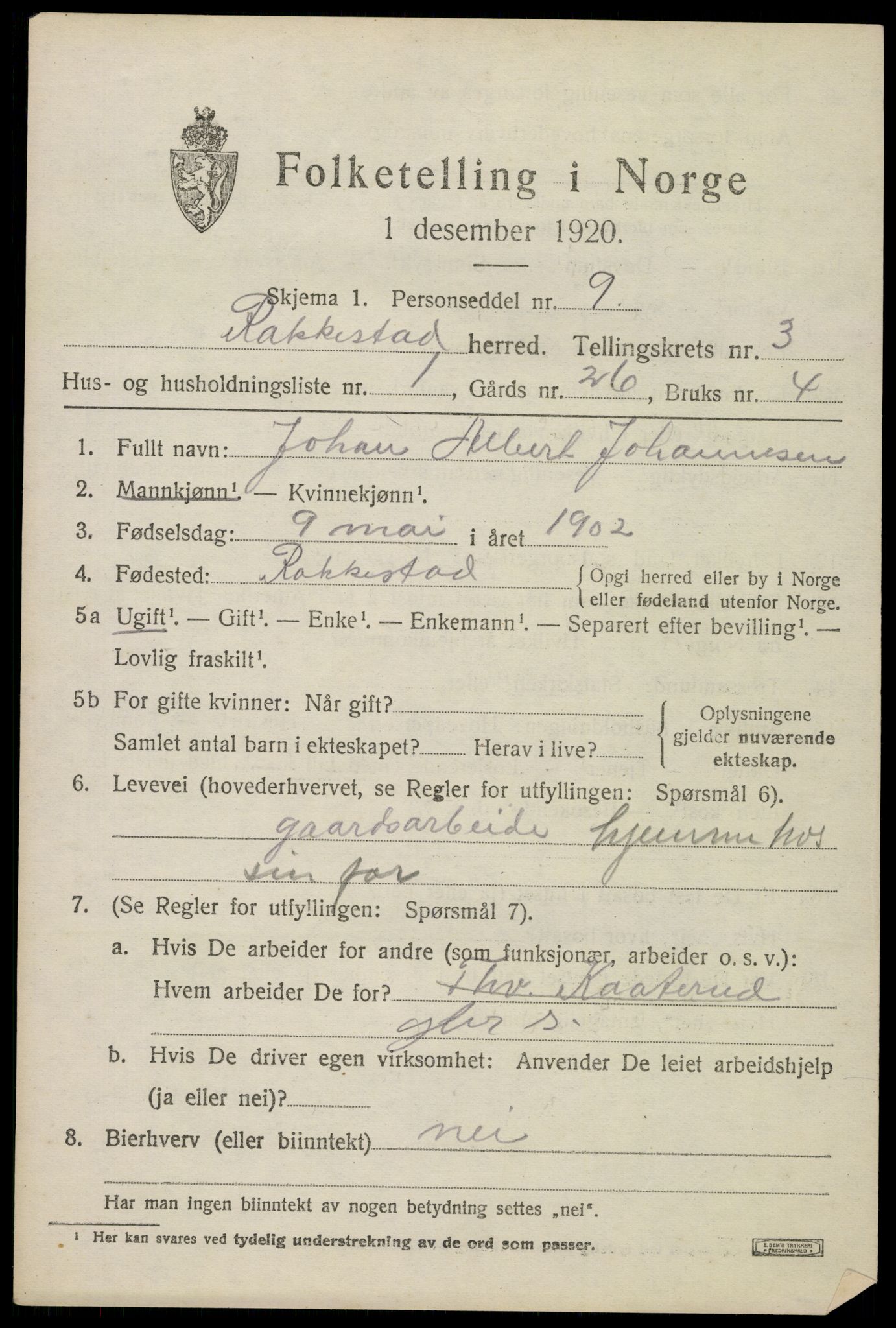 SAO, 1920 census for Rakkestad, 1920, p. 4441