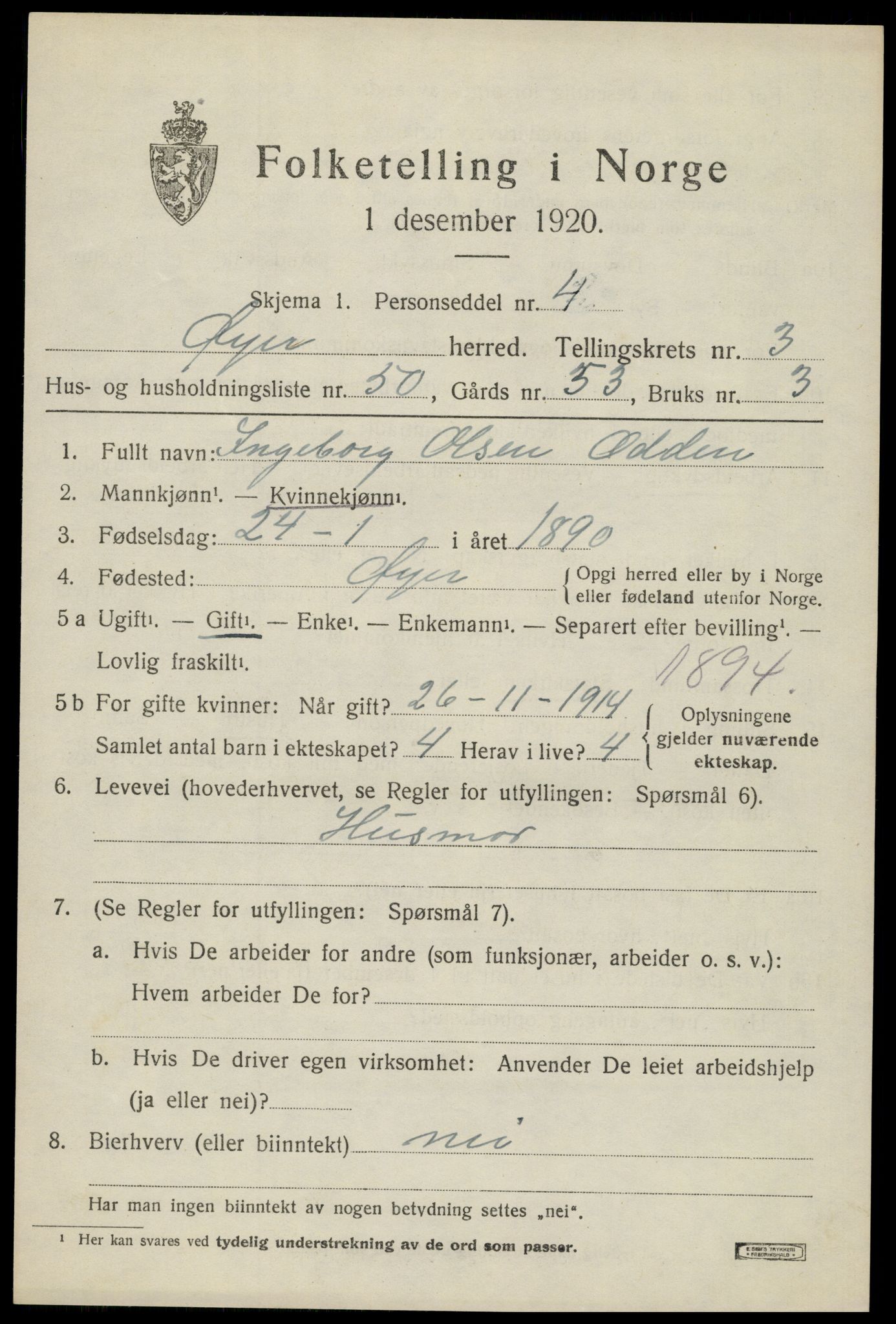 SAH, 1920 census for Øyer, 1920, p. 3943