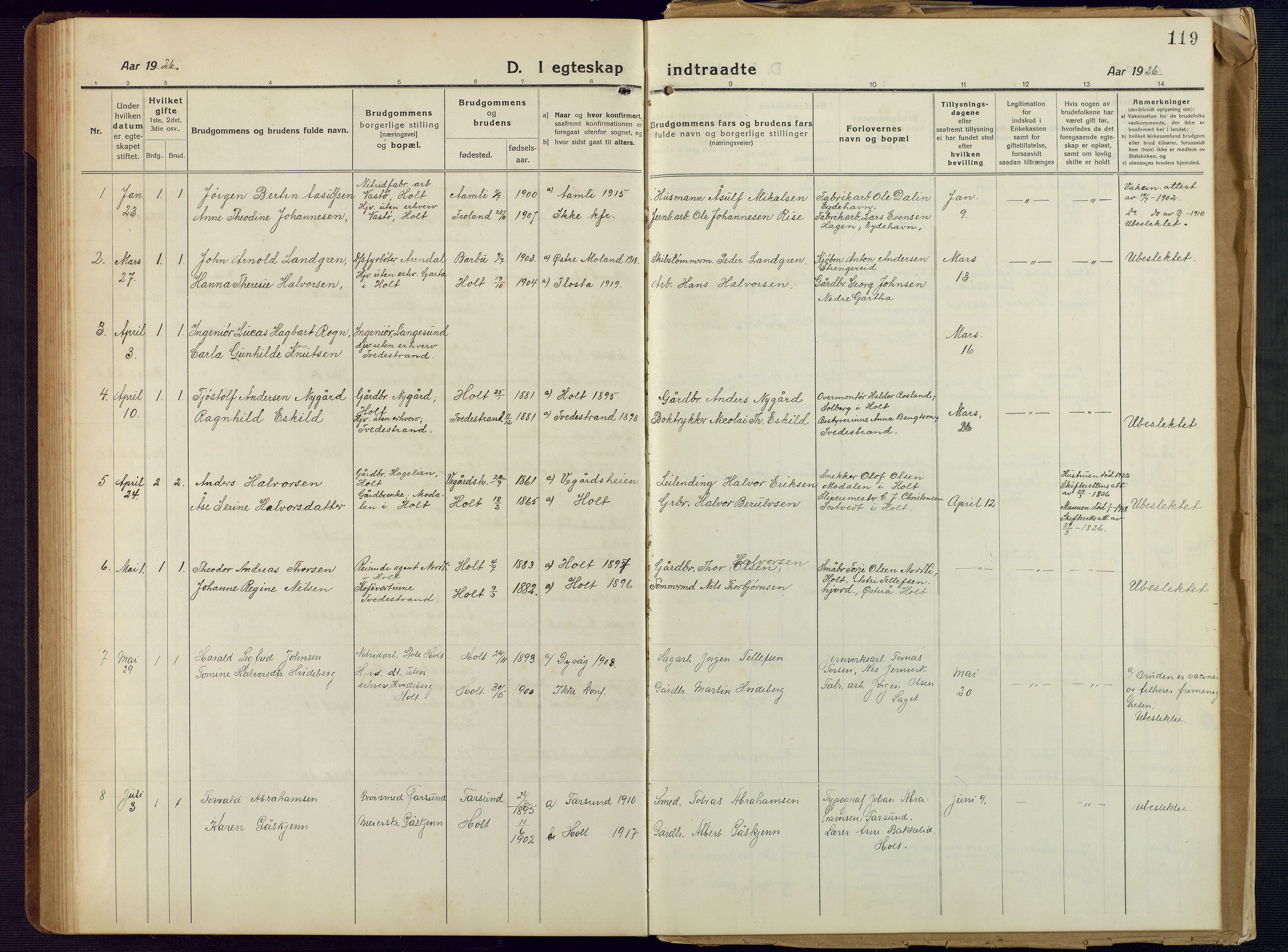 Holt sokneprestkontor, SAK/1111-0021/F/Fb/L0012: Parish register (copy) no. B 12, 1919-1944, p. 119