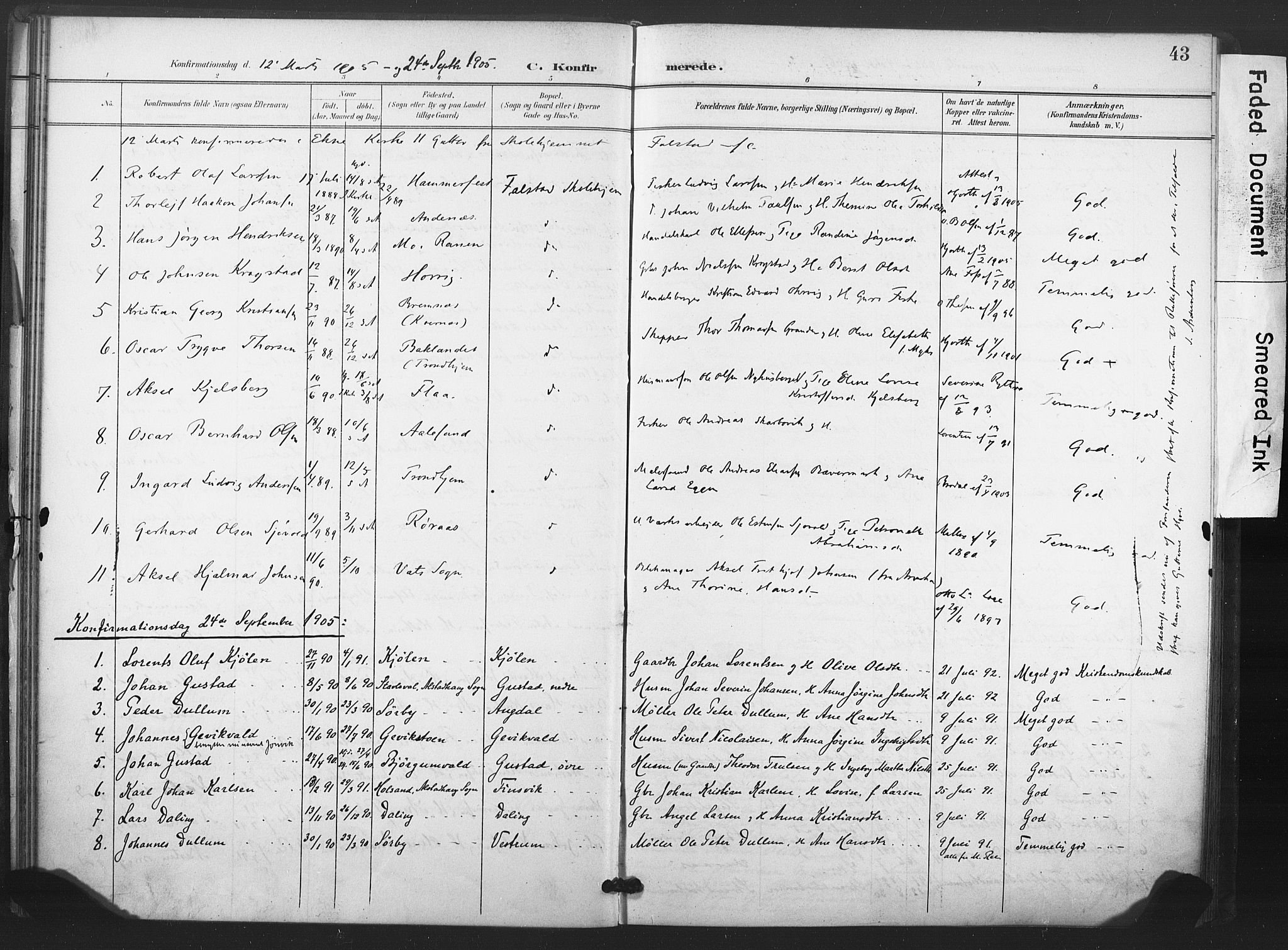 Ministerialprotokoller, klokkerbøker og fødselsregistre - Nord-Trøndelag, SAT/A-1458/719/L0179: Parish register (official) no. 719A02, 1901-1923, p. 43