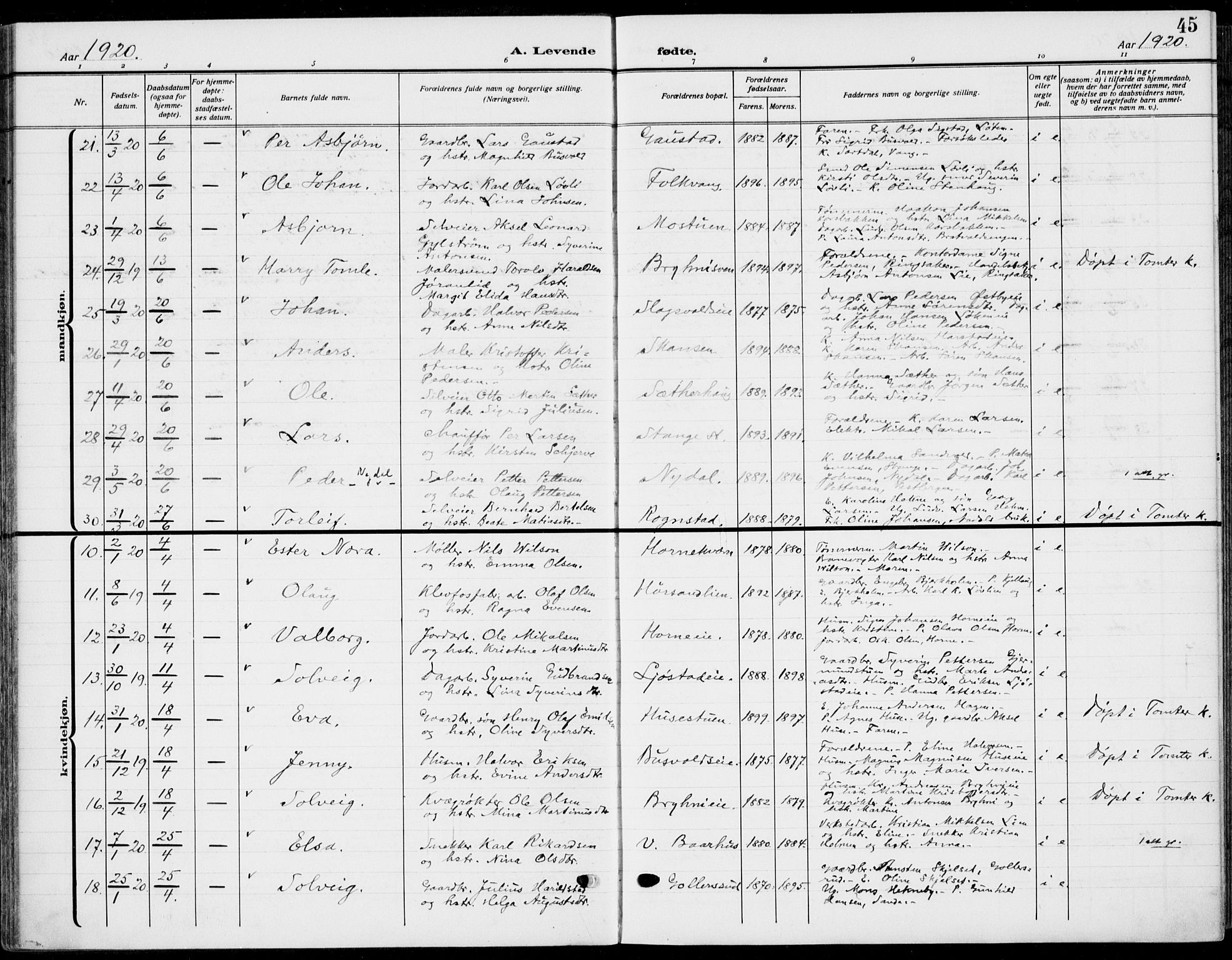 Romedal prestekontor, AV/SAH-PREST-004/K/L0012: Parish register (official) no. 12, 1913-1935, p. 45