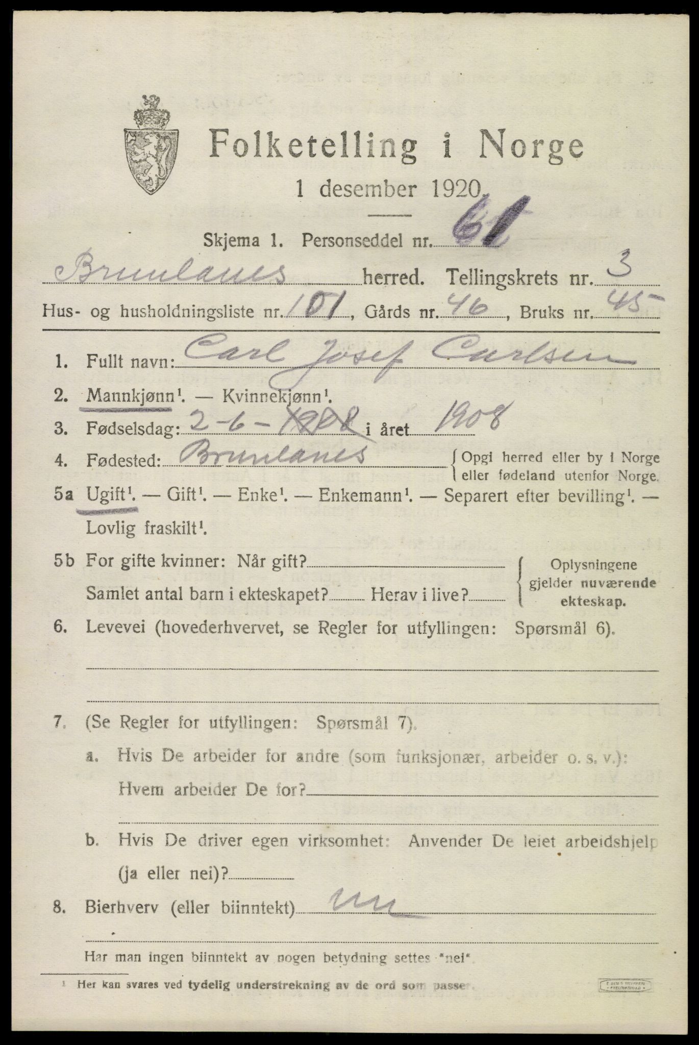 SAKO, 1920 census for Brunlanes, 1920, p. 6089