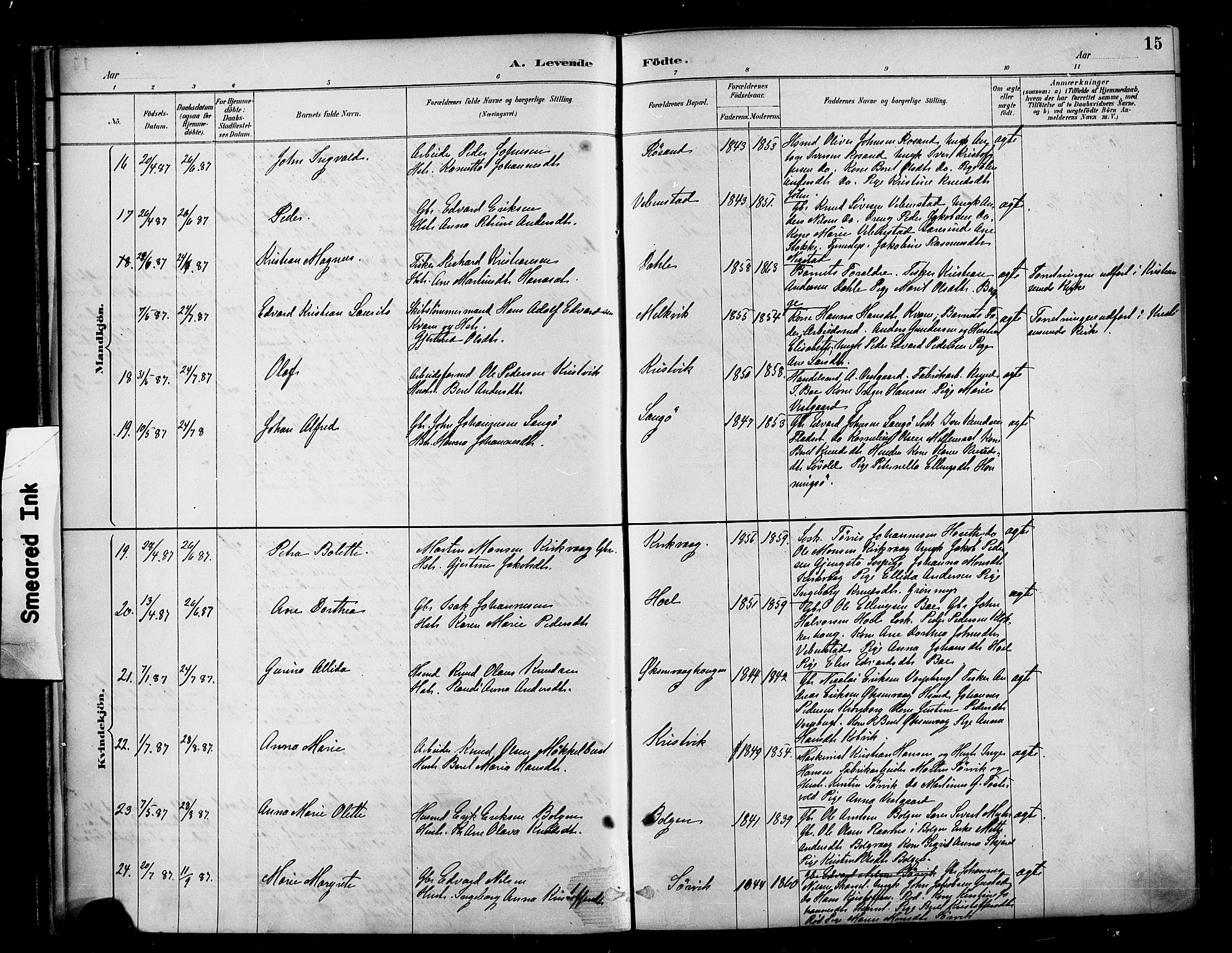 Ministerialprotokoller, klokkerbøker og fødselsregistre - Møre og Romsdal, AV/SAT-A-1454/569/L0819: Parish register (official) no. 569A05, 1885-1899, p. 15