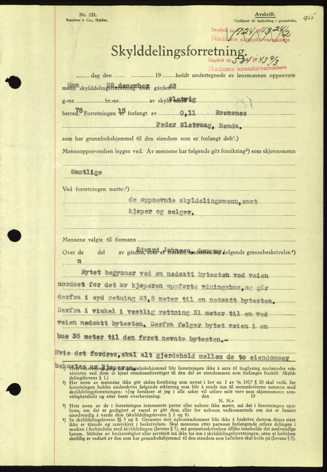 Nordmøre sorenskriveri, AV/SAT-A-4132/1/2/2Ca: Mortgage book no. A94, 1942-1943, Diary no: : 534/1943