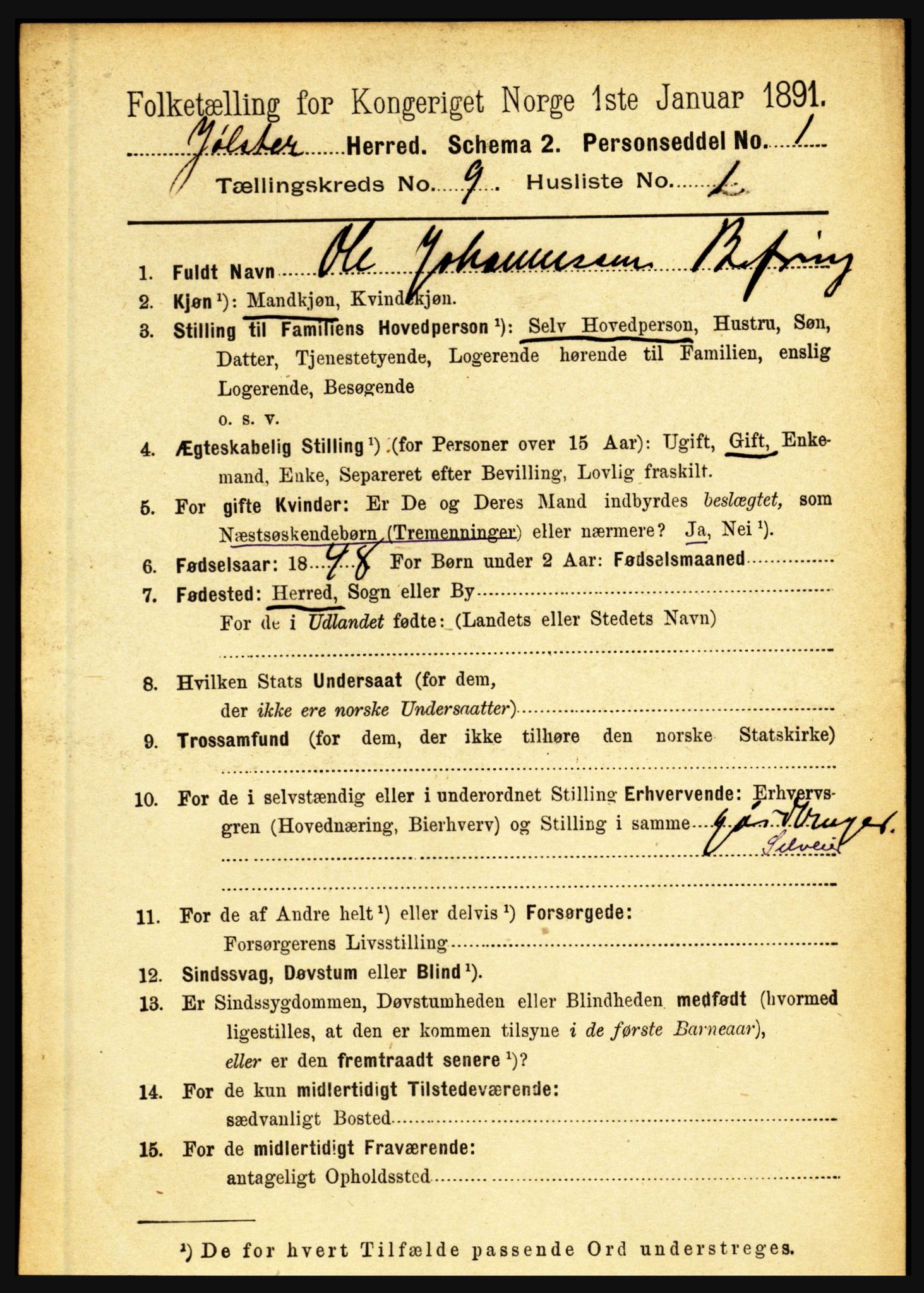 RA, 1891 census for 1431 Jølster, 1891, p. 3131