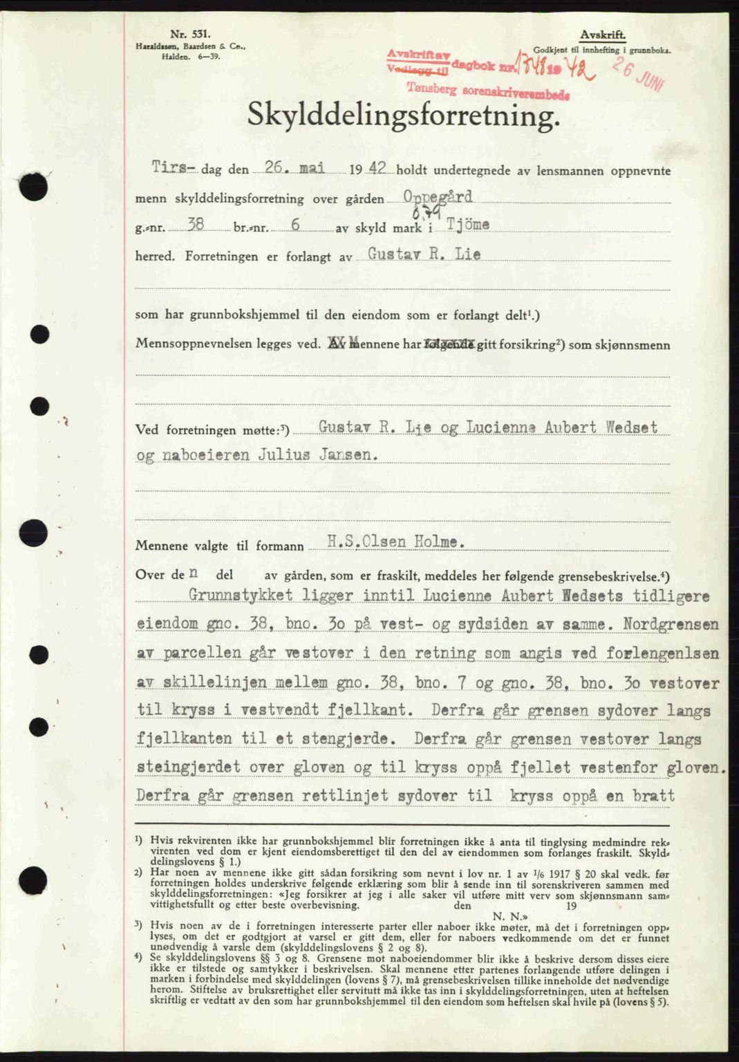 Tønsberg sorenskriveri, AV/SAKO-A-130/G/Ga/Gaa/L0011: Mortgage book no. A11, 1941-1942, Diary no: : 1748/1942