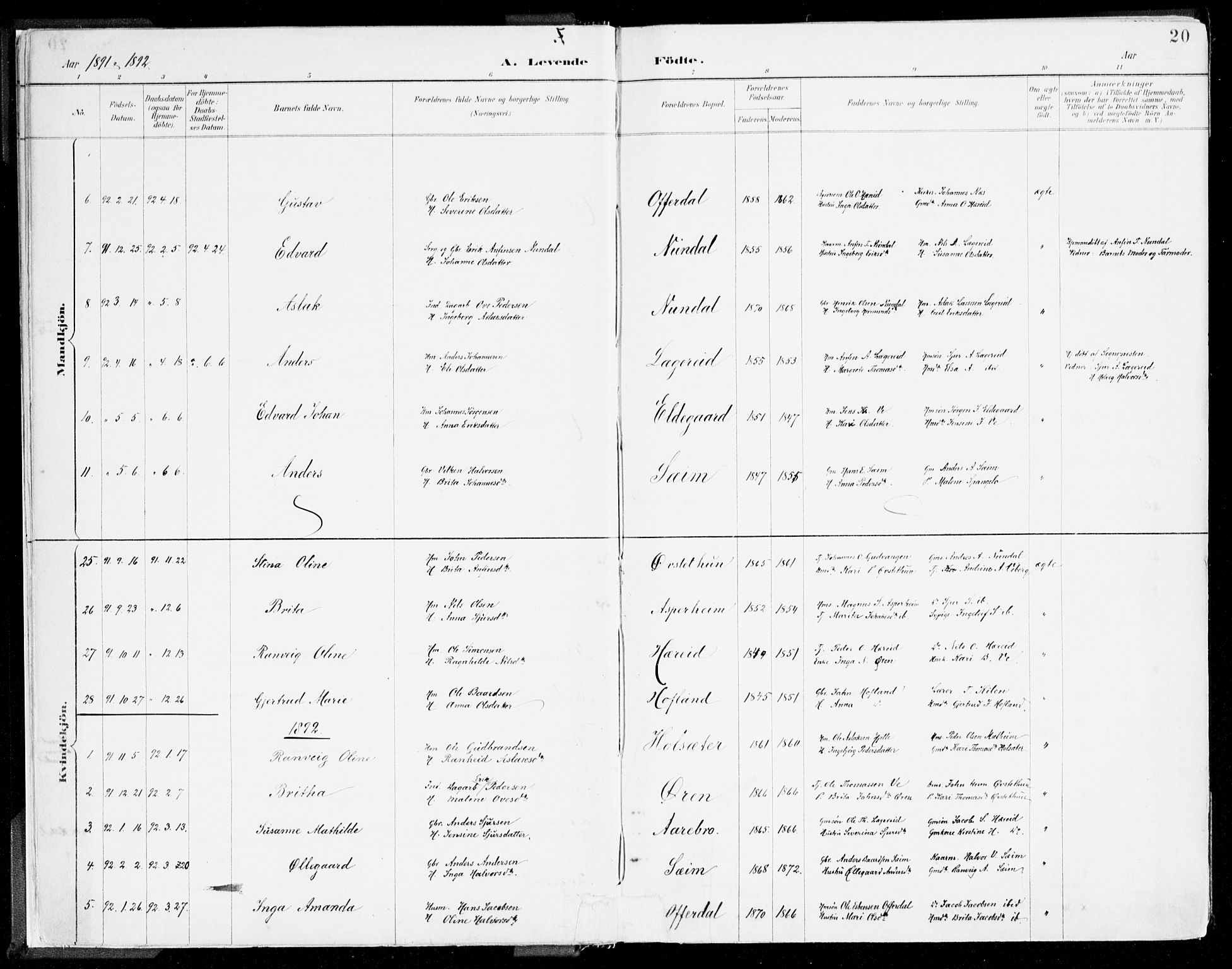 Årdal sokneprestembete, SAB/A-81701: Parish register (official) no. A 5, 1887-1917, p. 20