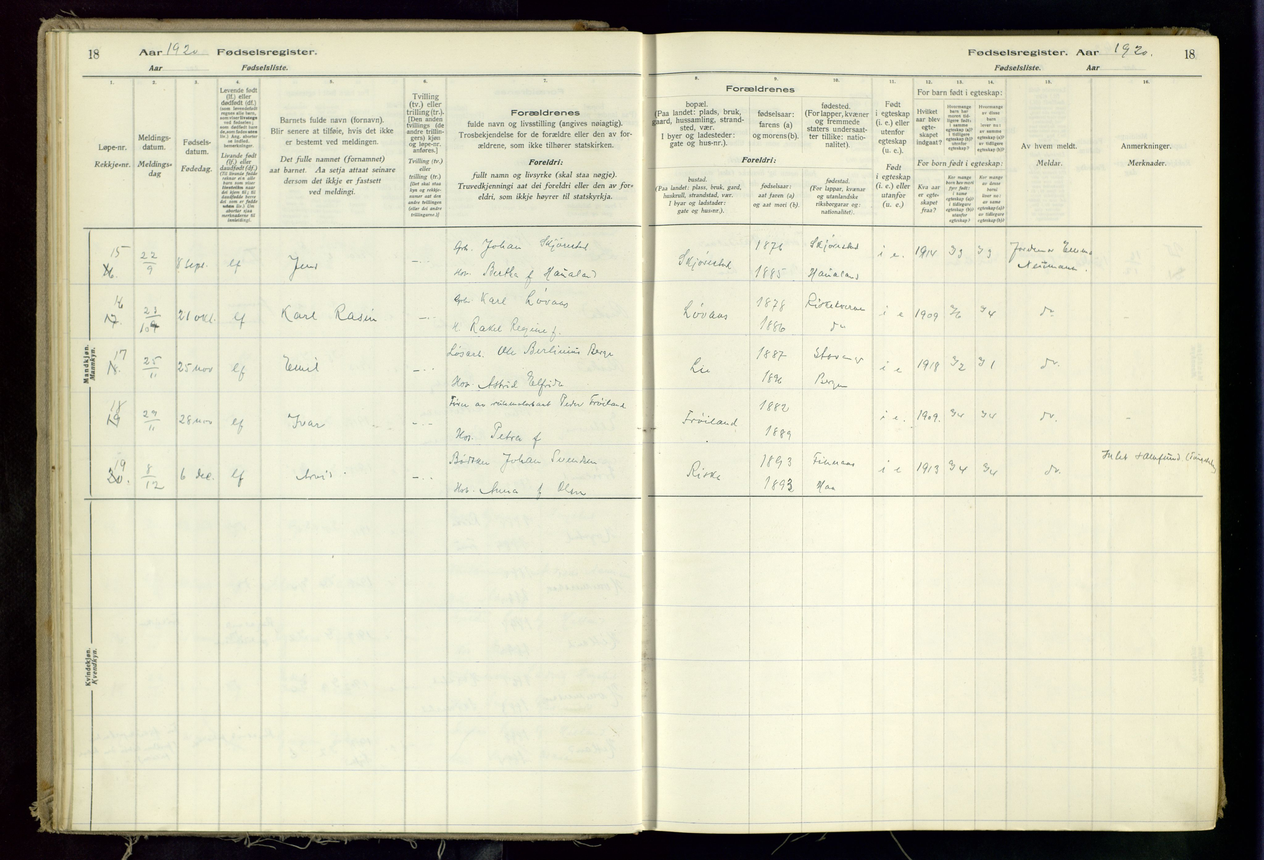 Hetland sokneprestkontor, SAST/A-101826/70/704BA/L0002: Birth register no. 2, 1916-1968, p. 18