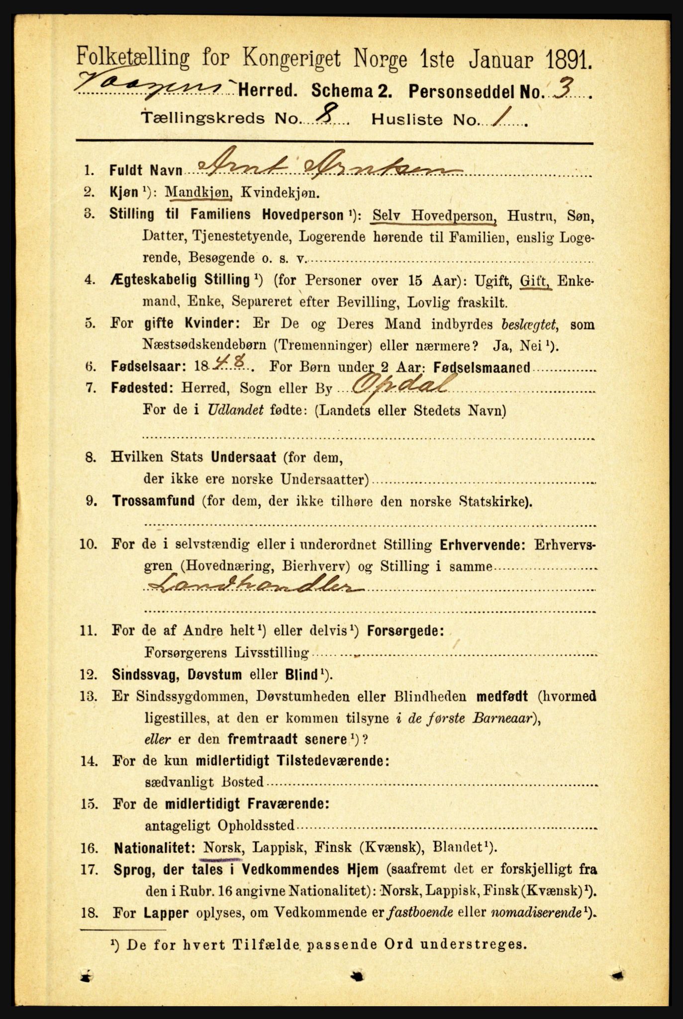 RA, 1891 census for 1865 Vågan, 1891, p. 2097