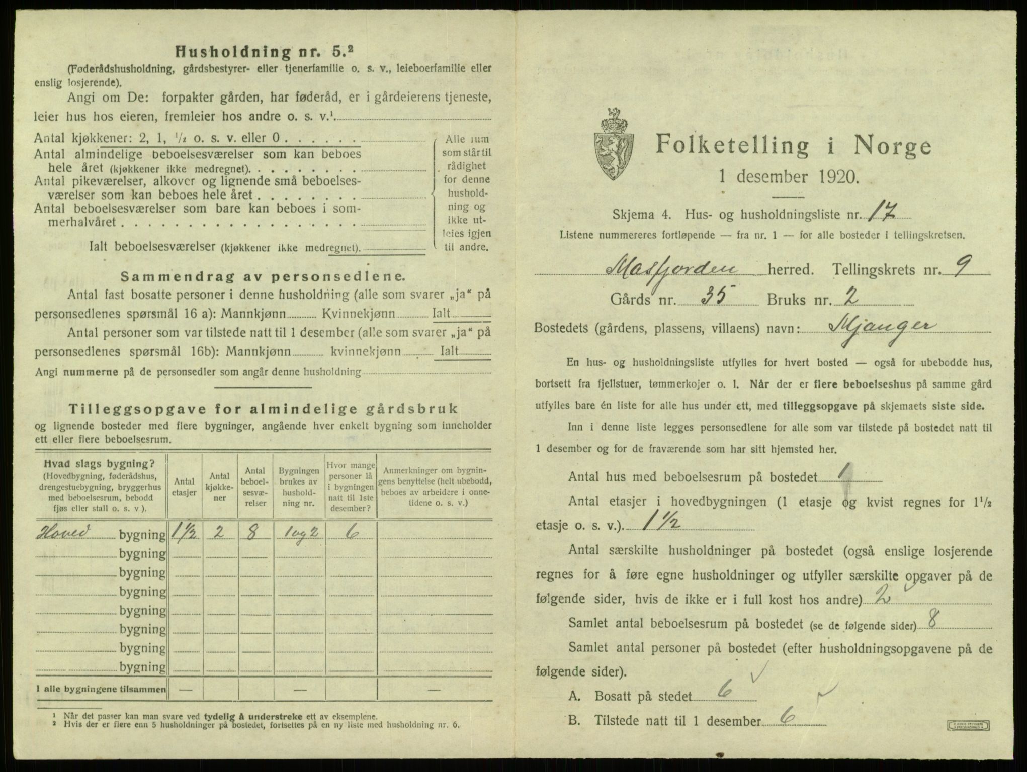 SAB, 1920 census for Masfjorden, 1920, p. 458