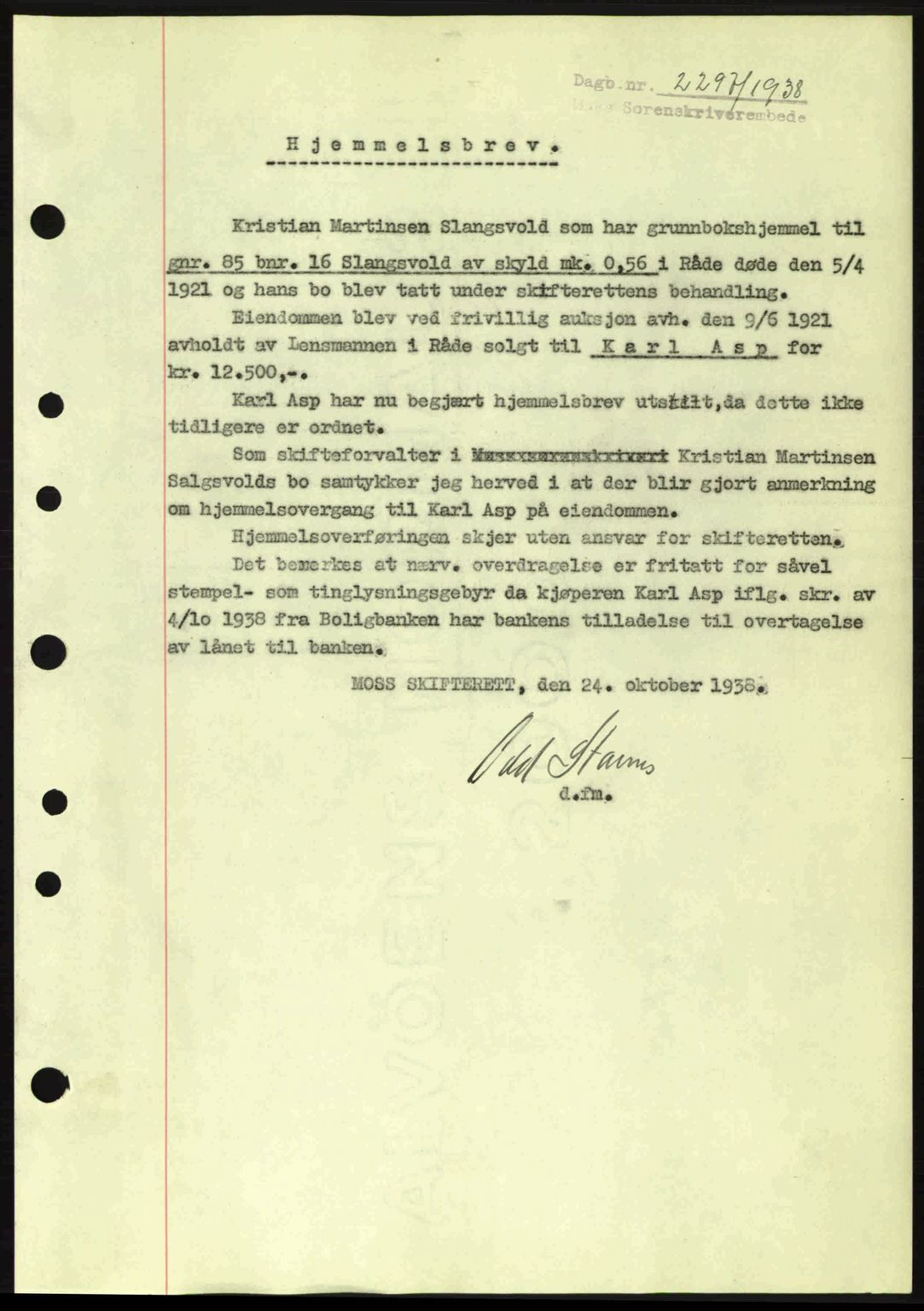 Moss sorenskriveri, SAO/A-10168: Mortgage book no. A5, 1938-1939, Diary no: : 2297/1938