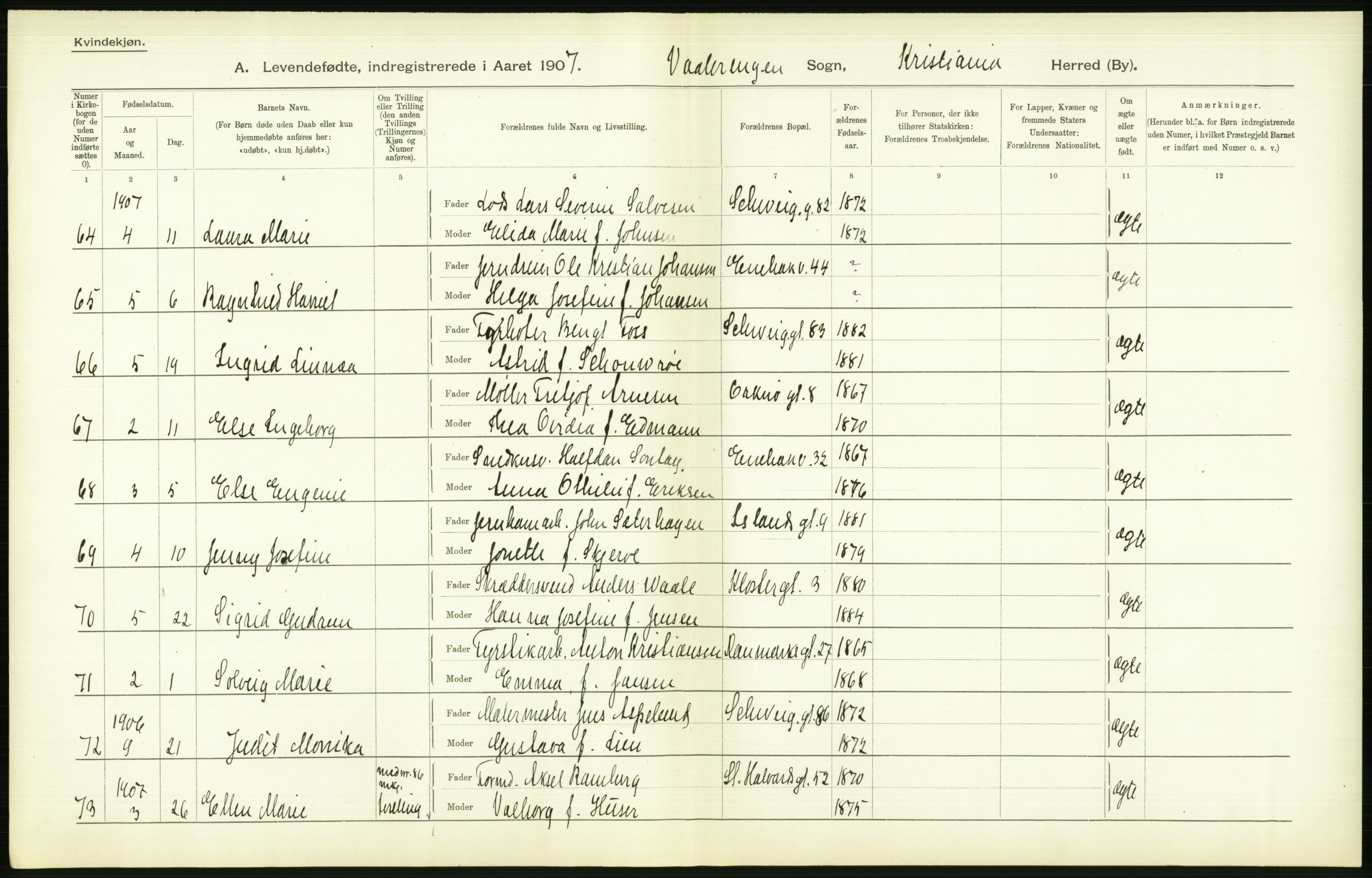 Statistisk sentralbyrå, Sosiodemografiske emner, Befolkning, AV/RA-S-2228/D/Df/Dfa/Dfae/L0007: Kristiania: Levendefødte menn og kvinner., 1907, p. 564