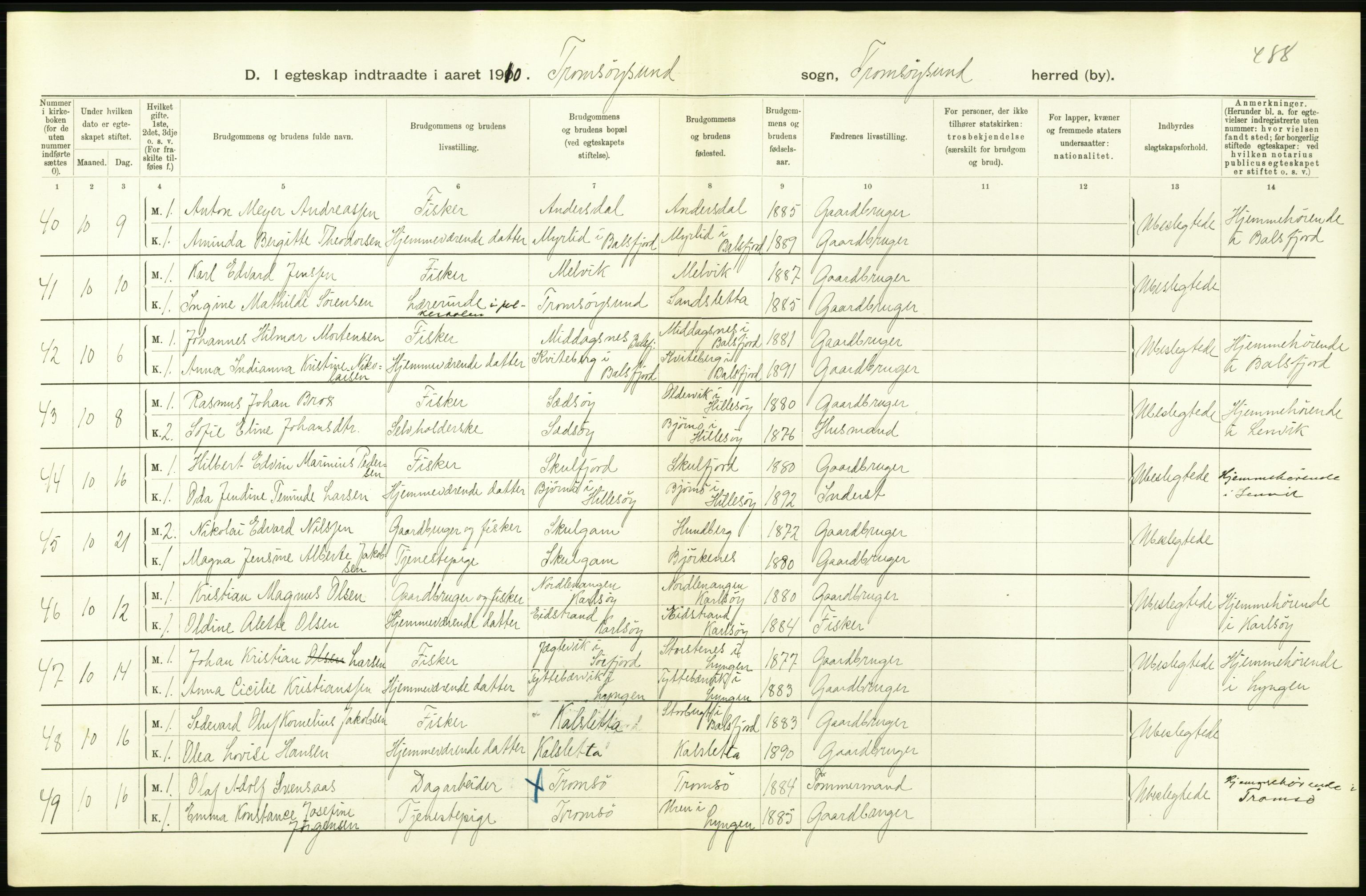 Statistisk sentralbyrå, Sosiodemografiske emner, Befolkning, AV/RA-S-2228/D/Df/Dfa/Dfah/L0044: Tromsø amt: Gifte, døde, dødfødte. Bygder og byer., 1910, p. 34