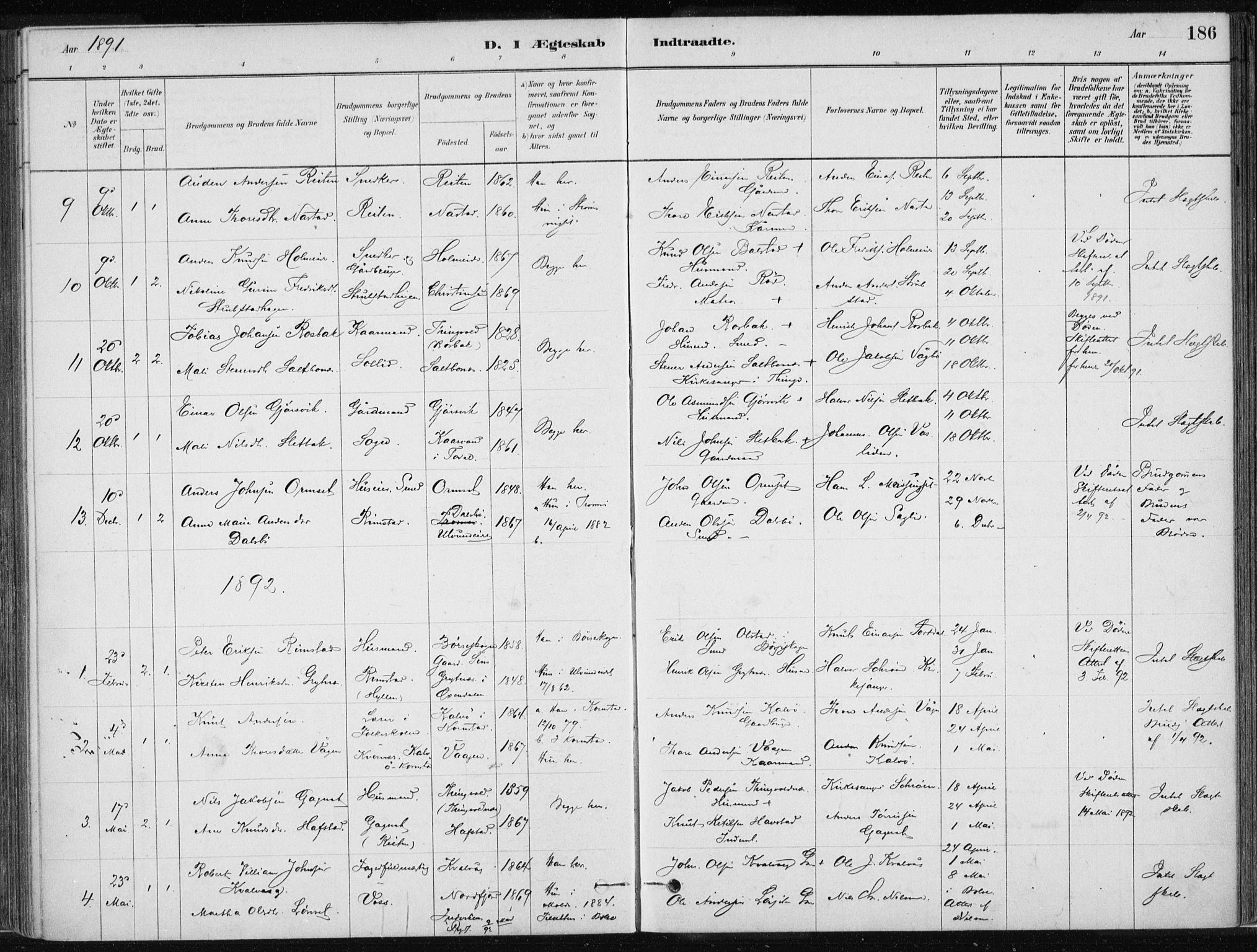Ministerialprotokoller, klokkerbøker og fødselsregistre - Møre og Romsdal, SAT/A-1454/586/L0987: Parish register (official) no. 586A13, 1879-1892, p. 186