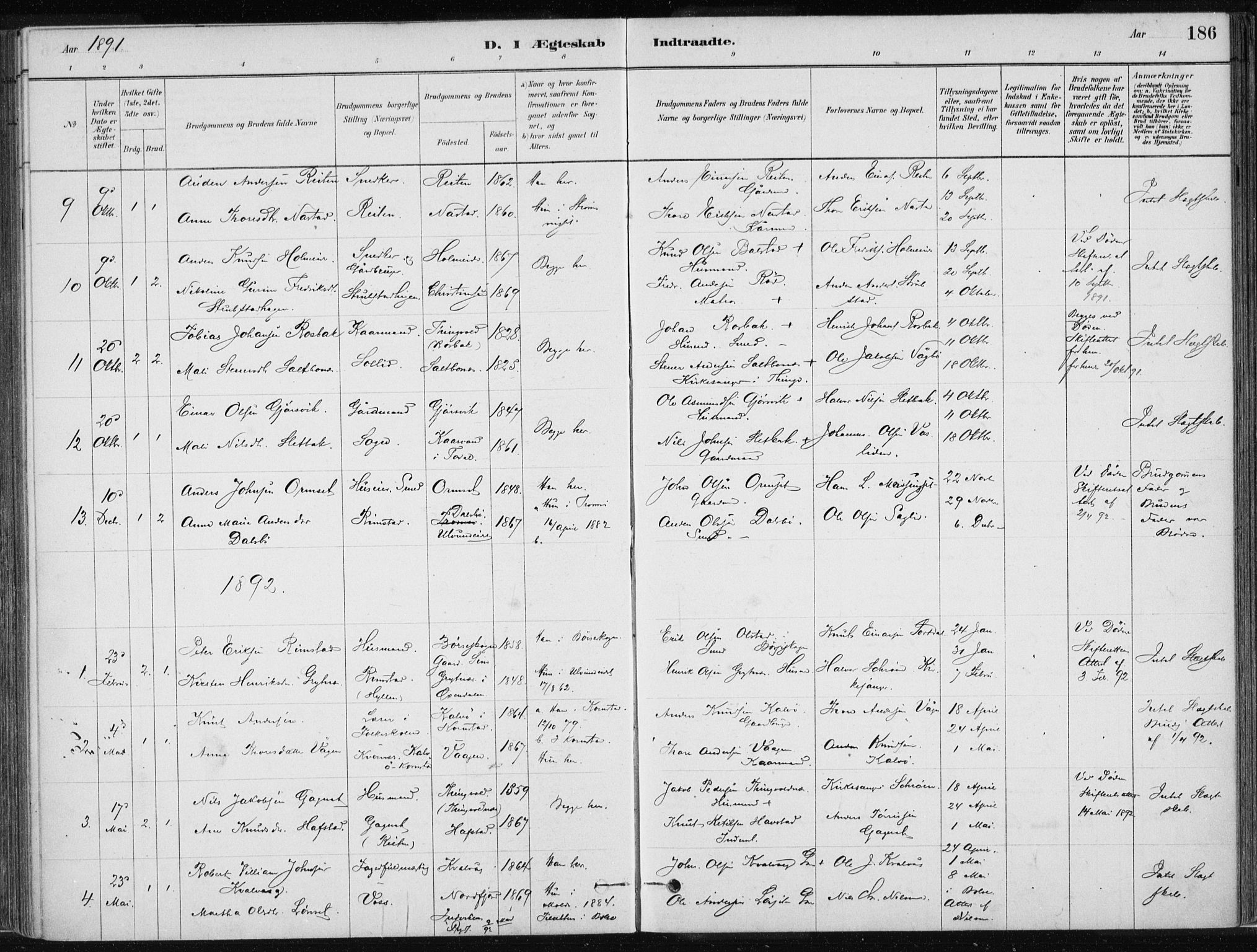 Ministerialprotokoller, klokkerbøker og fødselsregistre - Møre og Romsdal, AV/SAT-A-1454/586/L0987: Parish register (official) no. 586A13, 1879-1892, p. 186